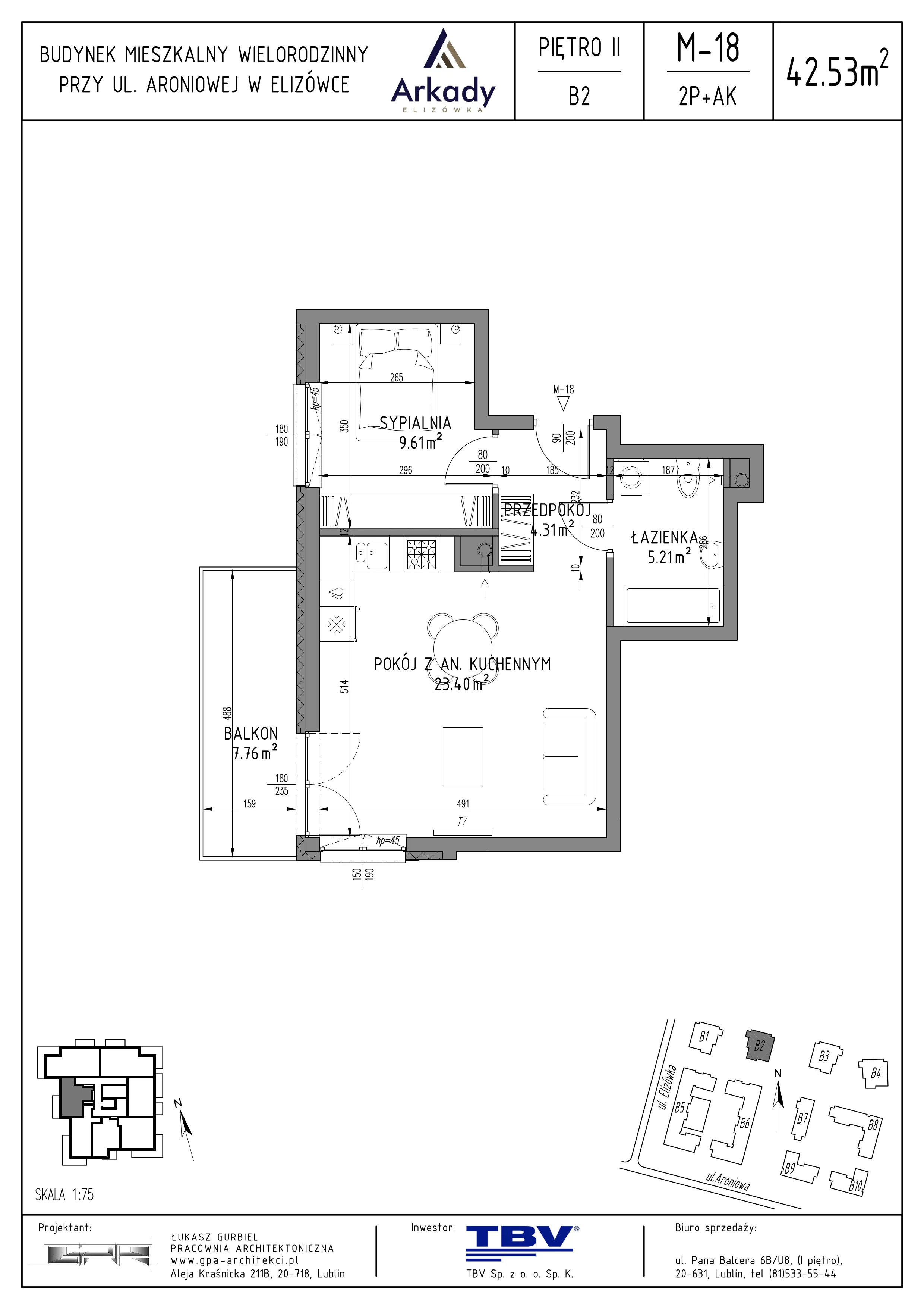 2 pokoje, mieszkanie 42,53 m², piętro 2, oferta nr B2-LM18, Osiedle Arkady, Elizówka, ul. Elizówka 46