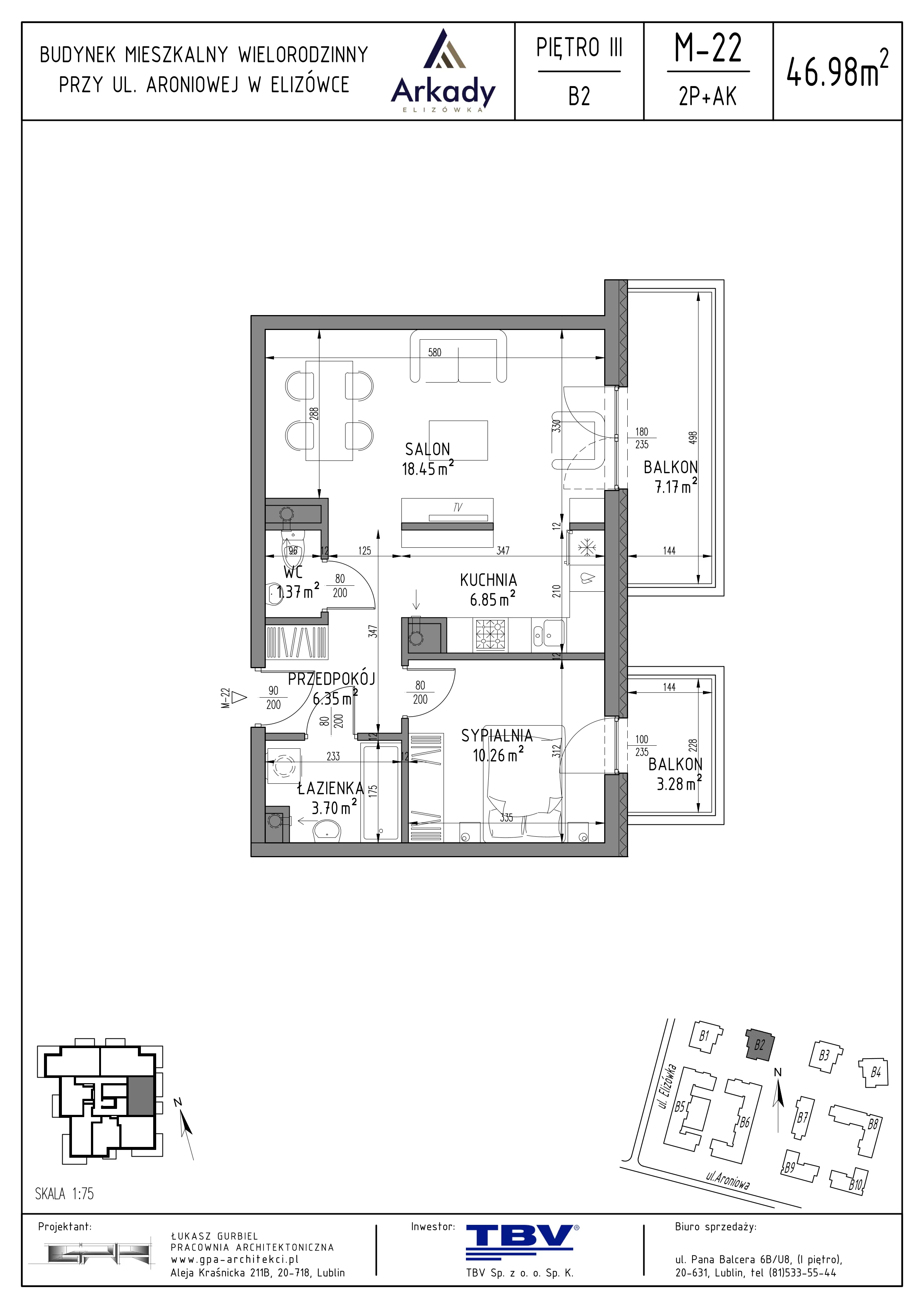 2 pokoje, mieszkanie 46,98 m², piętro 3, oferta nr B2-LM22, Osiedle Arkady, Elizówka, ul. Elizówka 46