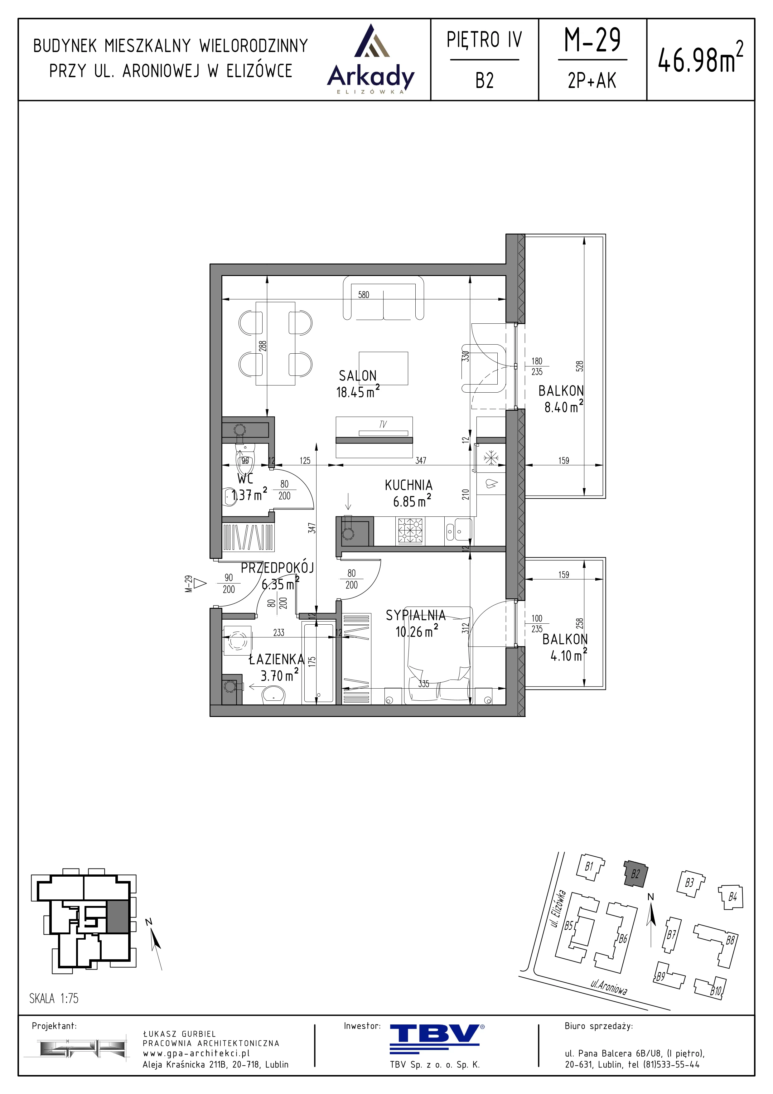 2 pokoje, mieszkanie 46,98 m², piętro 4, oferta nr B2-LM29, Osiedle Arkady, Elizówka, ul. Elizówka 46