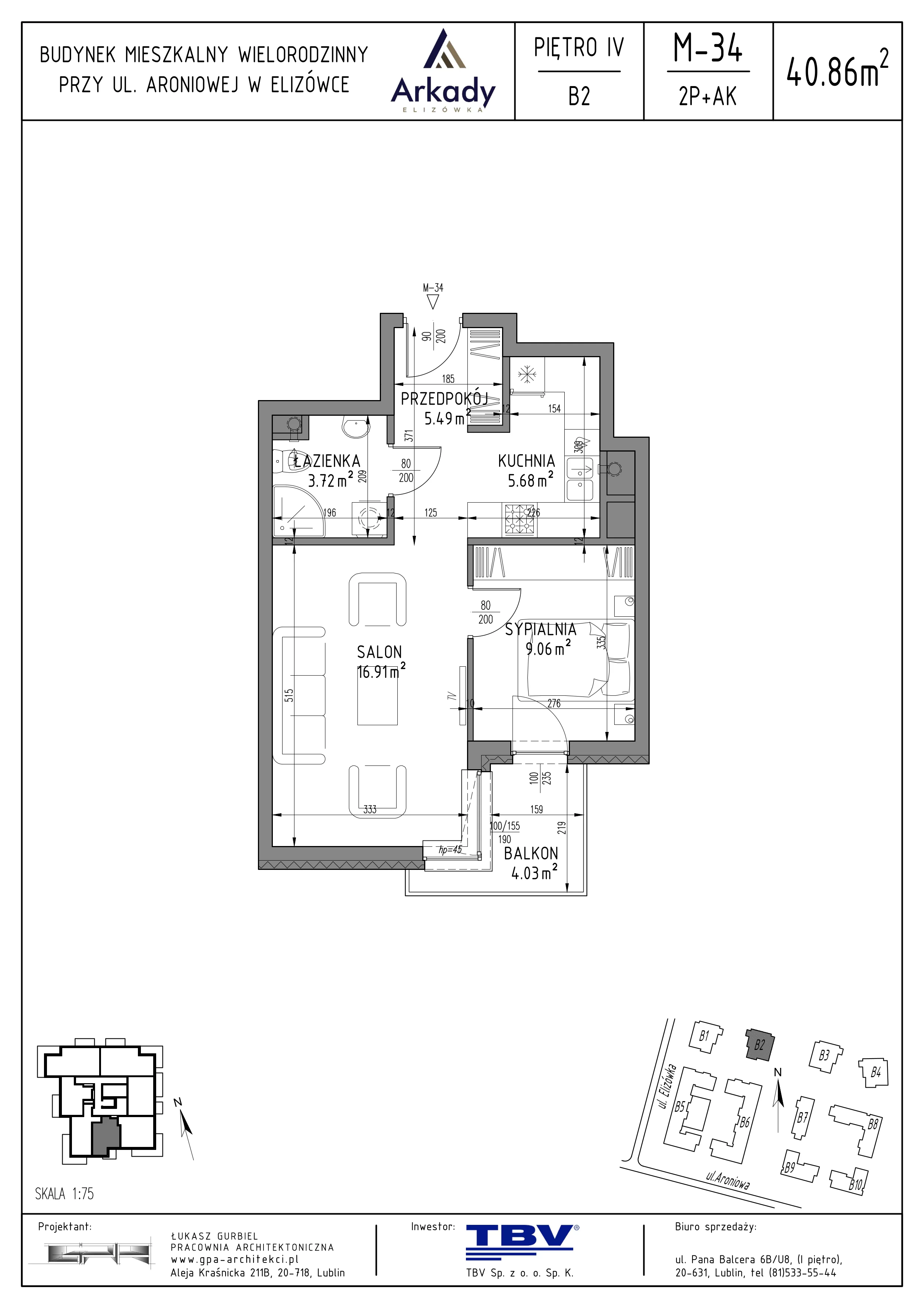 2 pokoje, mieszkanie 40,86 m², piętro 4, oferta nr B2-LM34, Osiedle Arkady, Elizówka, ul. Elizówka 46