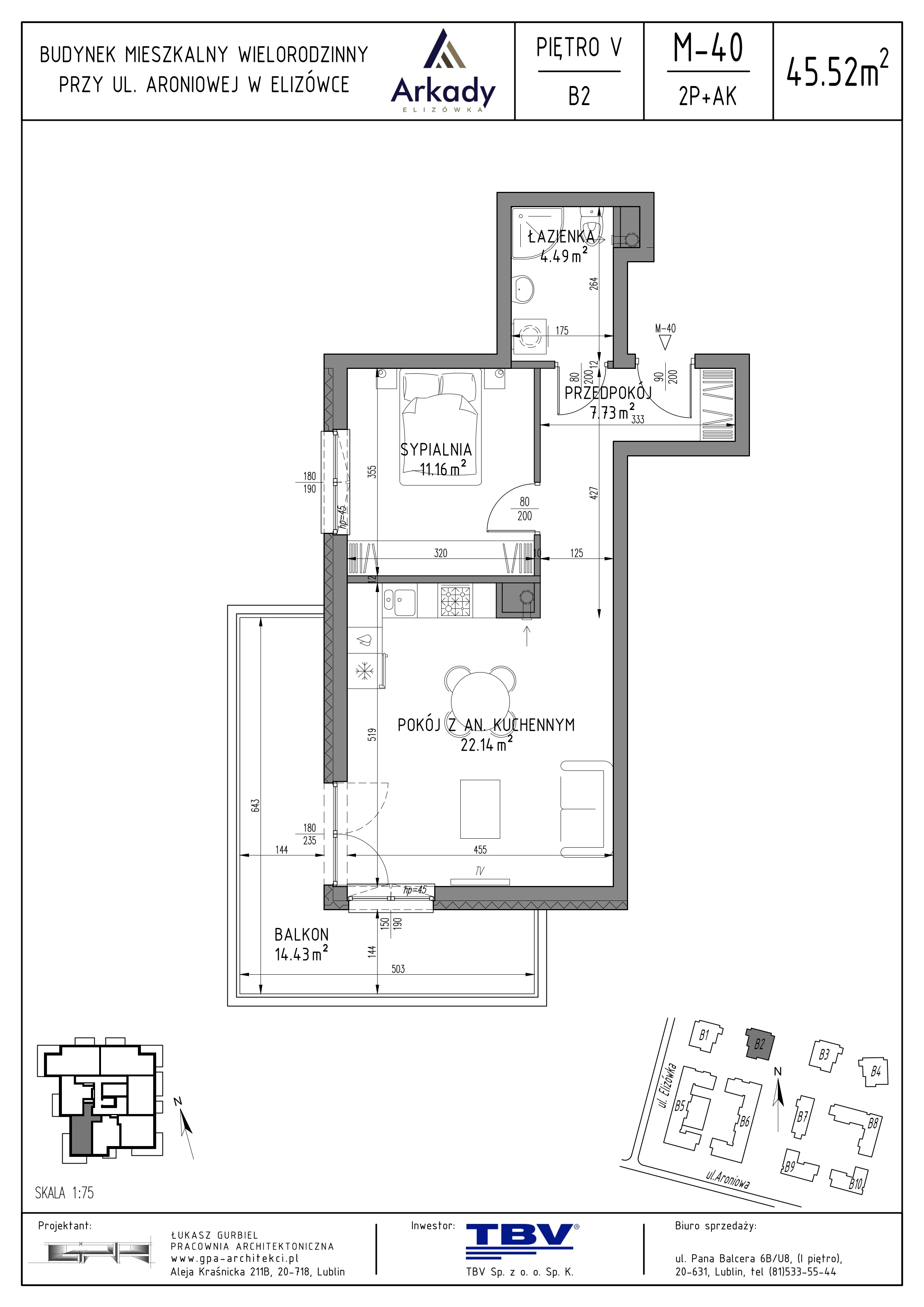 2 pokoje, mieszkanie 45,52 m², piętro 5, oferta nr B2-LM40, Osiedle Arkady, Elizówka, ul. Elizówka 46