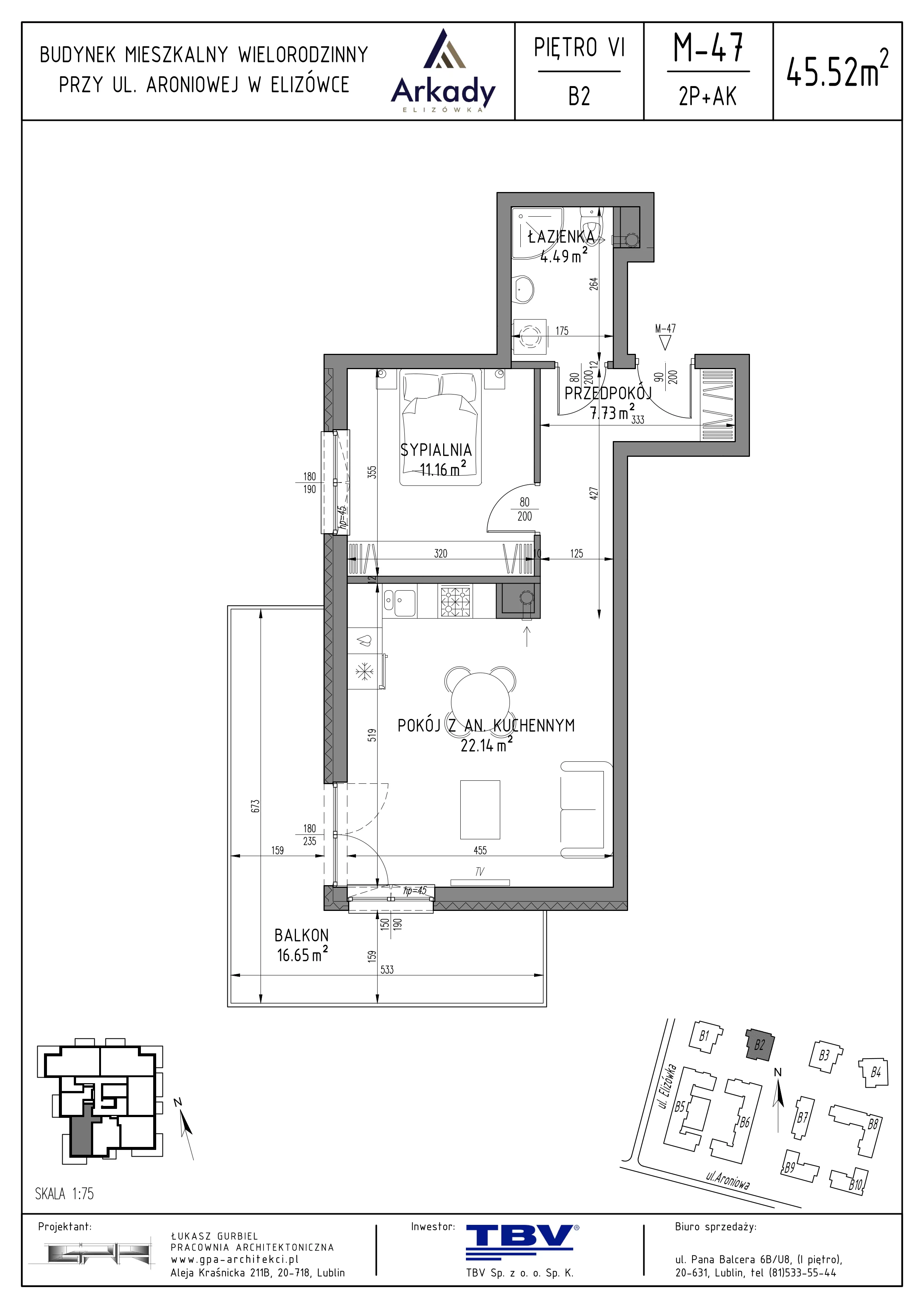 2 pokoje, mieszkanie 45,52 m², piętro 6, oferta nr B2-LM47, Osiedle Arkady, Elizówka, ul. Elizówka 46