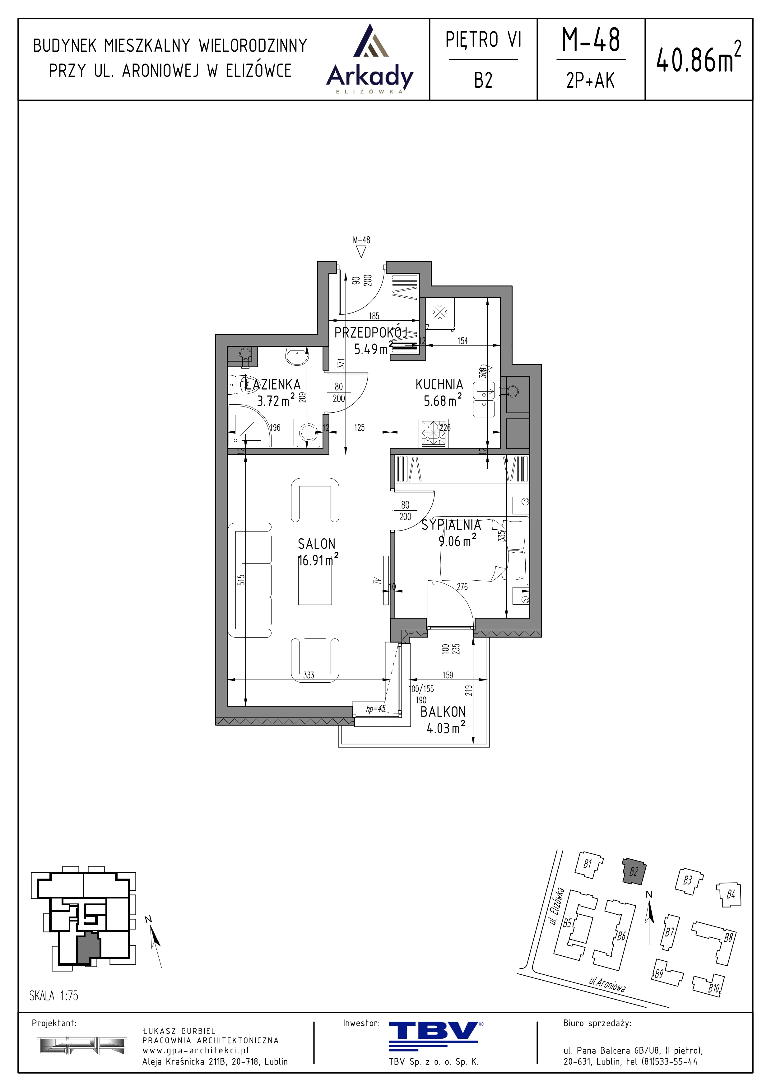 2 pokoje, mieszkanie 40,86 m², piętro 6, oferta nr B2-LM48, Osiedle Arkady, Elizówka, ul. Elizówka 46