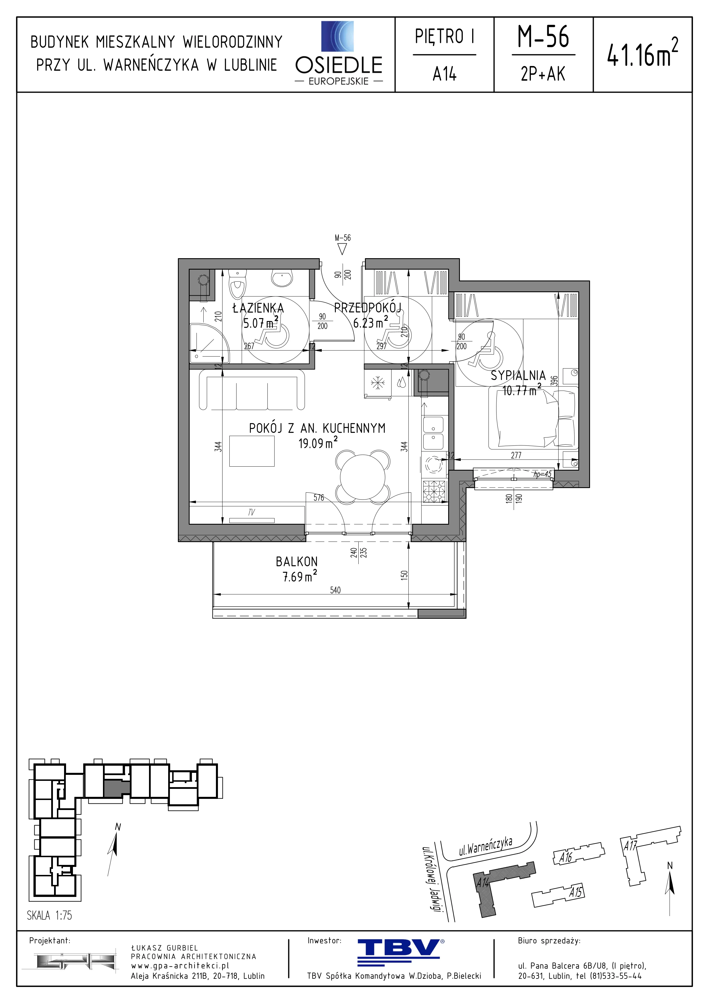 2 pokoje, mieszkanie 41,16 m², piętro 1, oferta nr A14-LM-56, Osiedle Europejskie - Etap Kopenhaga, Lublin, Felin, ul. Zygmunta Starego