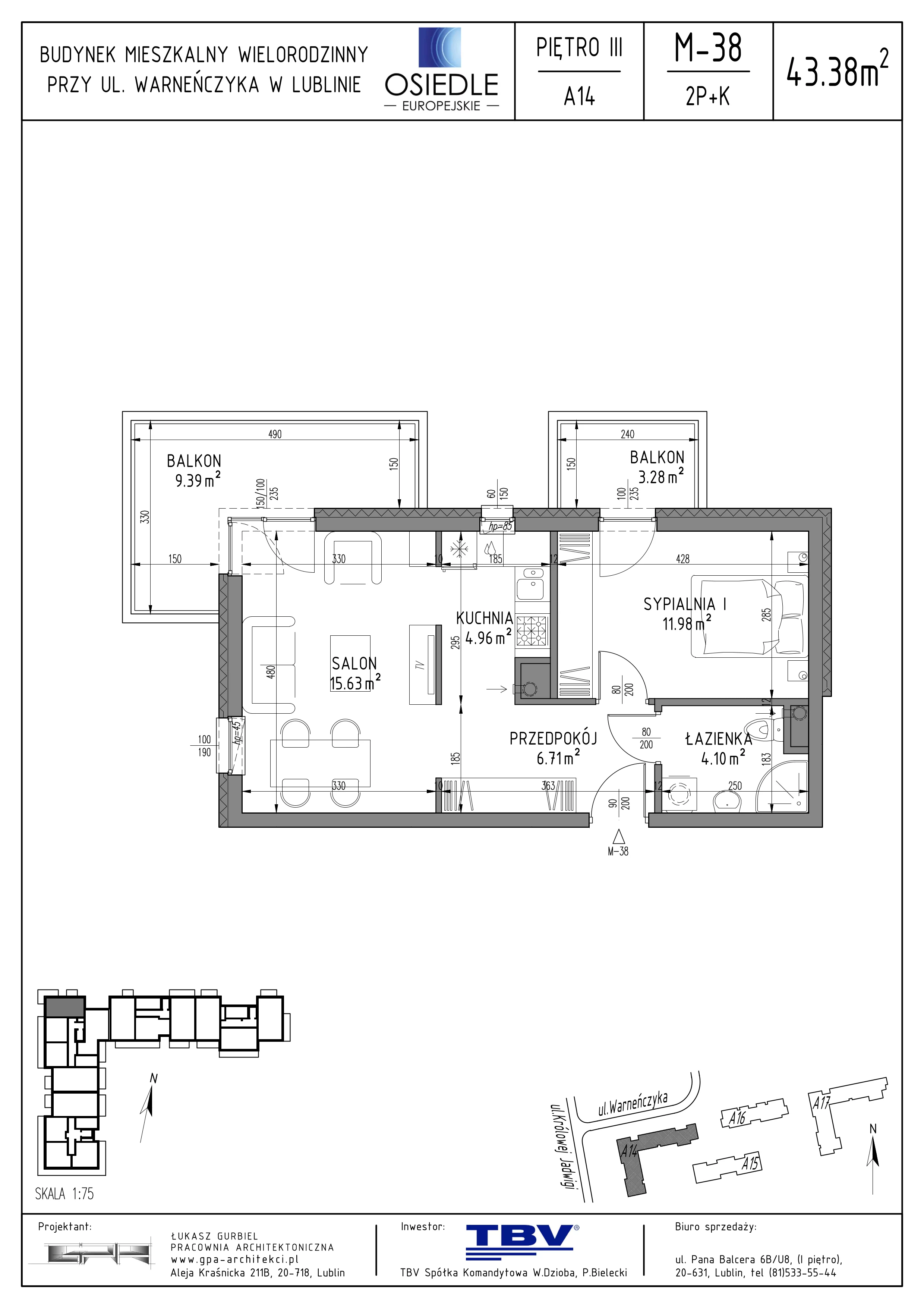 2 pokoje, mieszkanie 43,38 m², piętro 3, oferta nr A14-LM-38, Osiedle Europejskie - Etap Kopenhaga, Lublin, Felin, ul. Zygmunta Starego