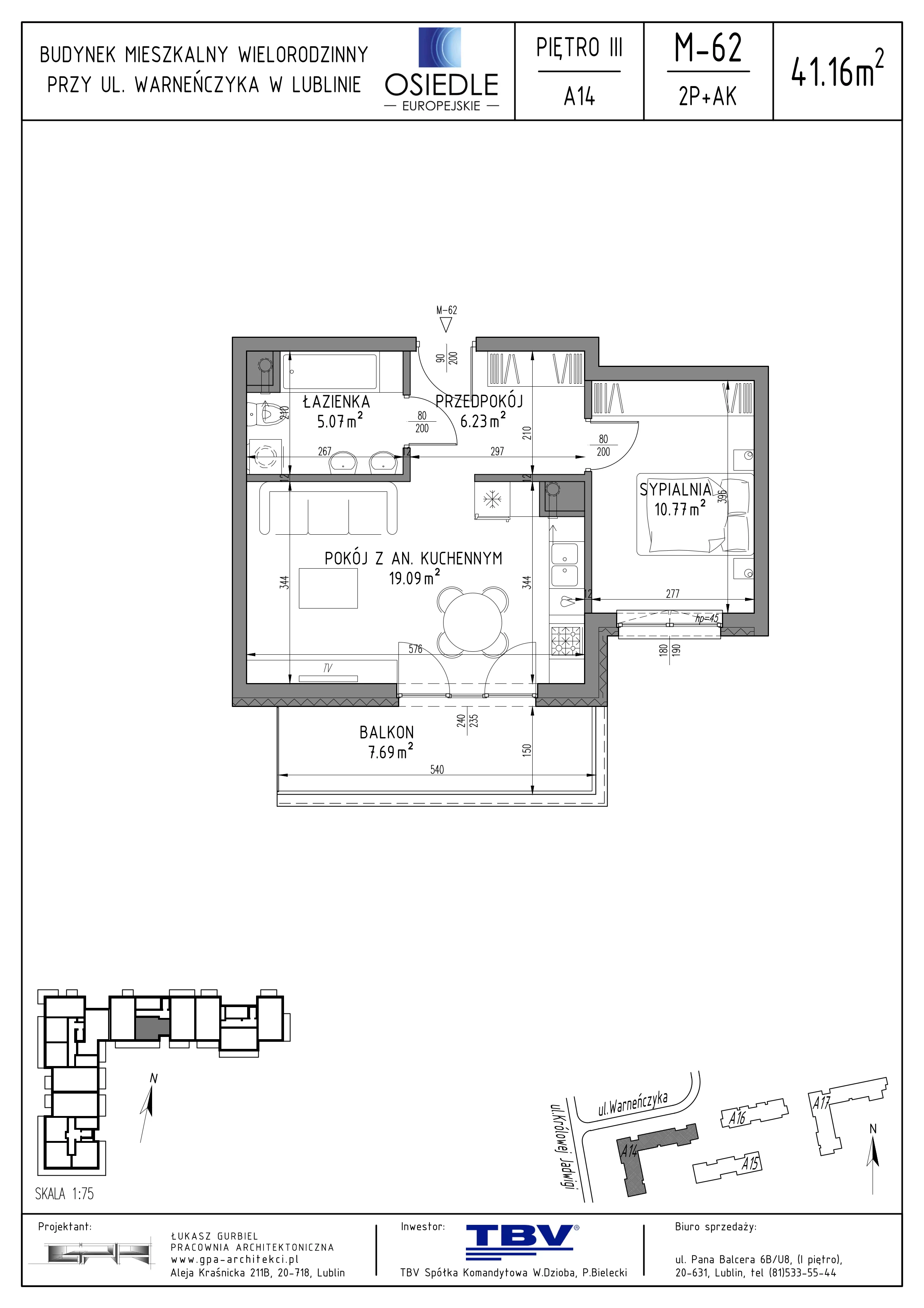 2 pokoje, mieszkanie 41,16 m², piętro 3, oferta nr A14-LM-62, Osiedle Europejskie - Etap Kopenhaga, Lublin, Felin, ul. Zygmunta Starego