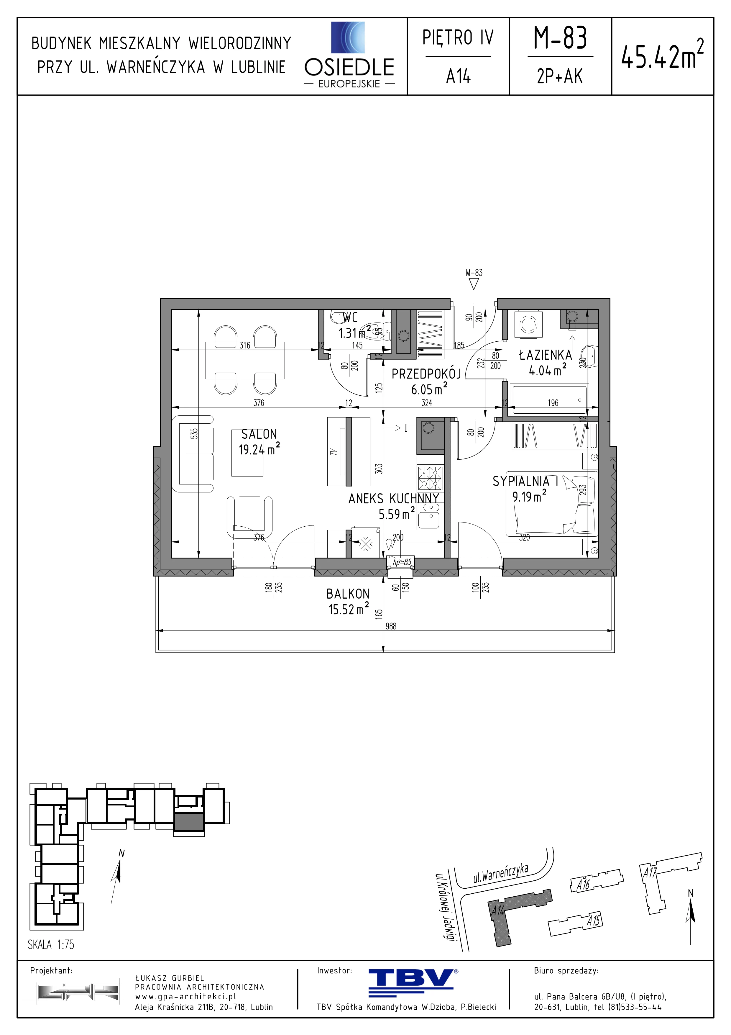 2 pokoje, mieszkanie 45,42 m², piętro 4, oferta nr A14-LM-83, Osiedle Europejskie - Etap Kopenhaga, Lublin, Felin, ul. Zygmunta Starego