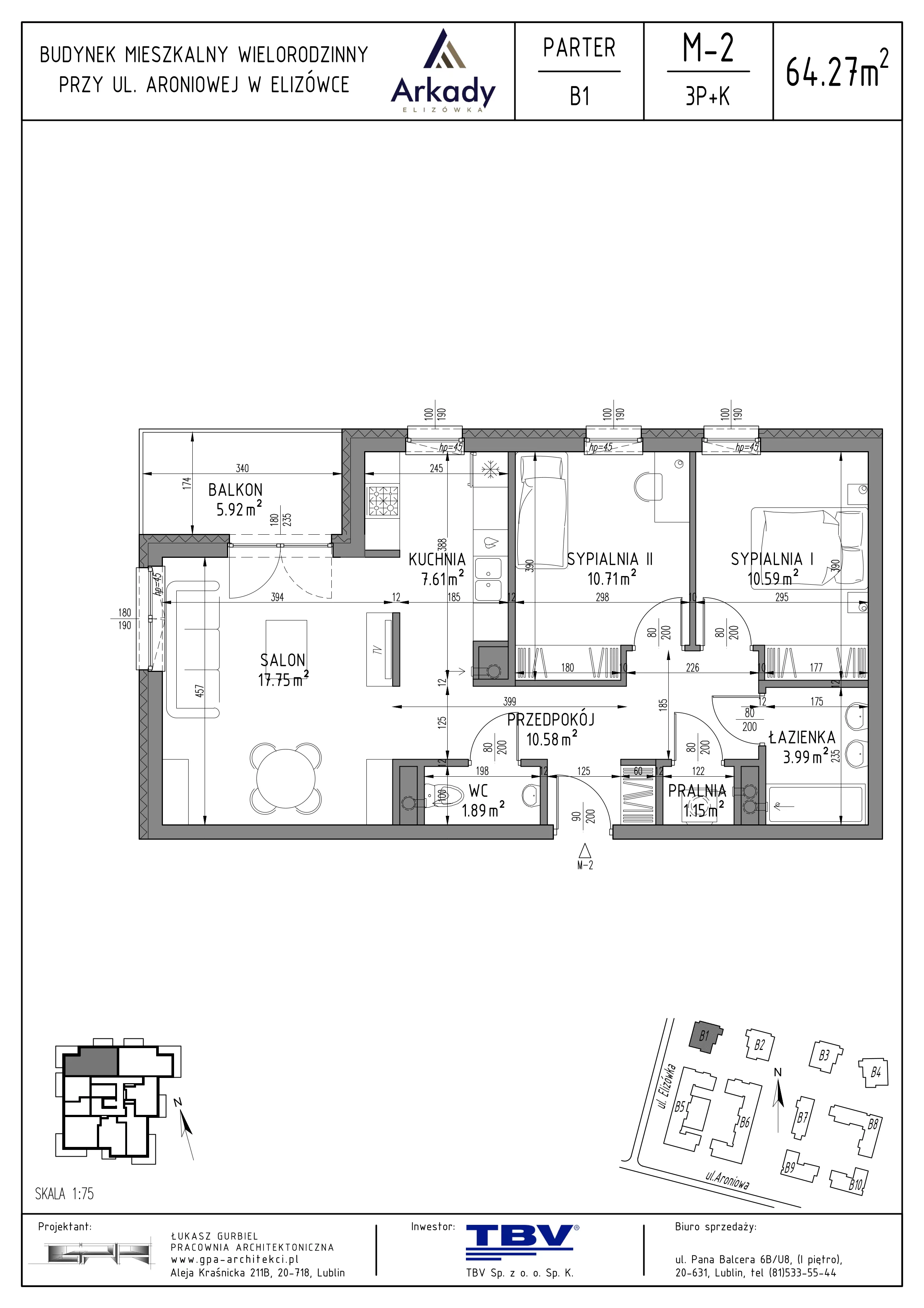 3 pokoje, mieszkanie 64,27 m², parter, oferta nr B1-LM02, Osiedle Arkady, Elizówka, ul. Elizówka 46