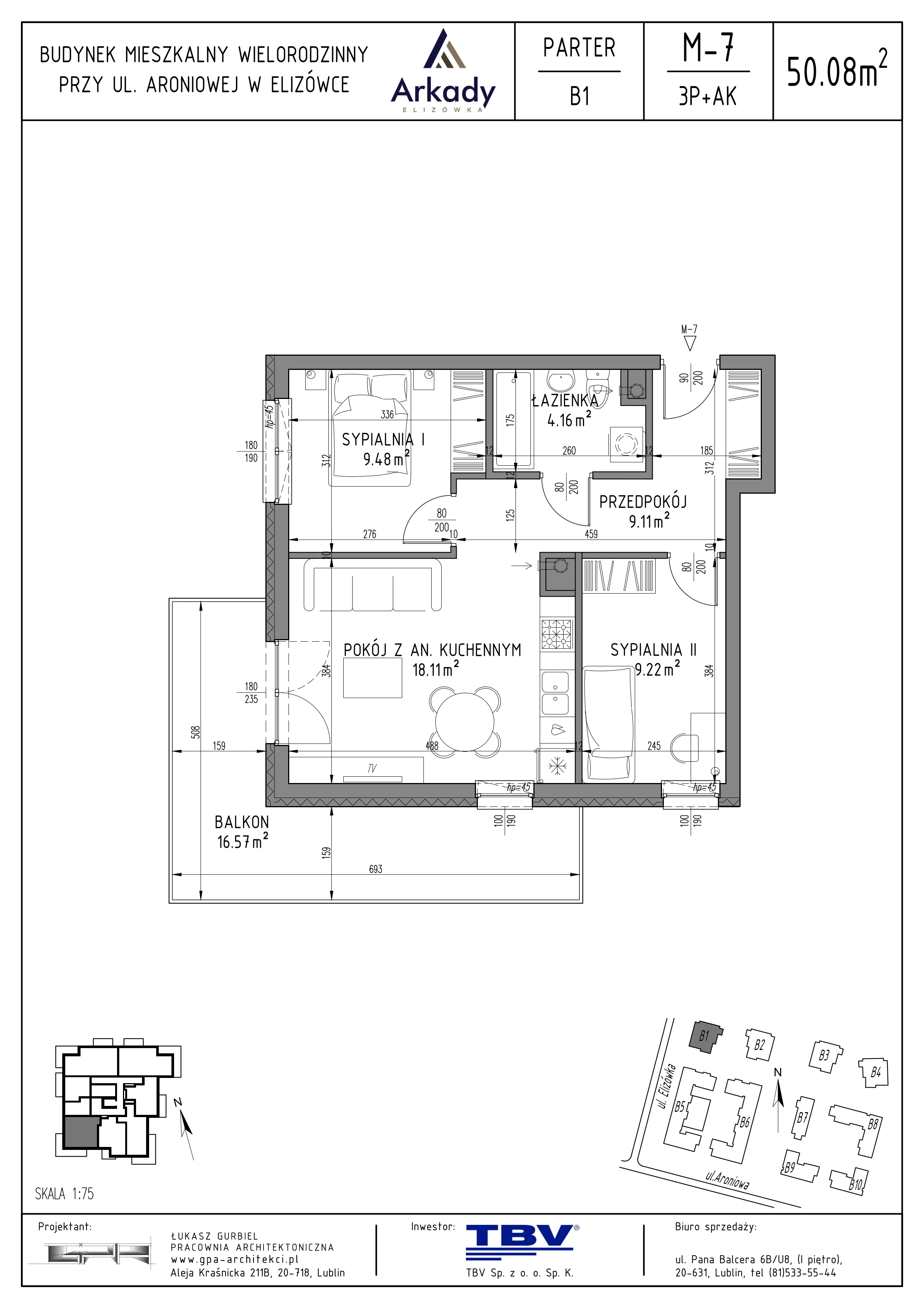 3 pokoje, mieszkanie 50,08 m², parter, oferta nr B1-LM07, Osiedle Arkady, Elizówka, ul. Elizówka 46