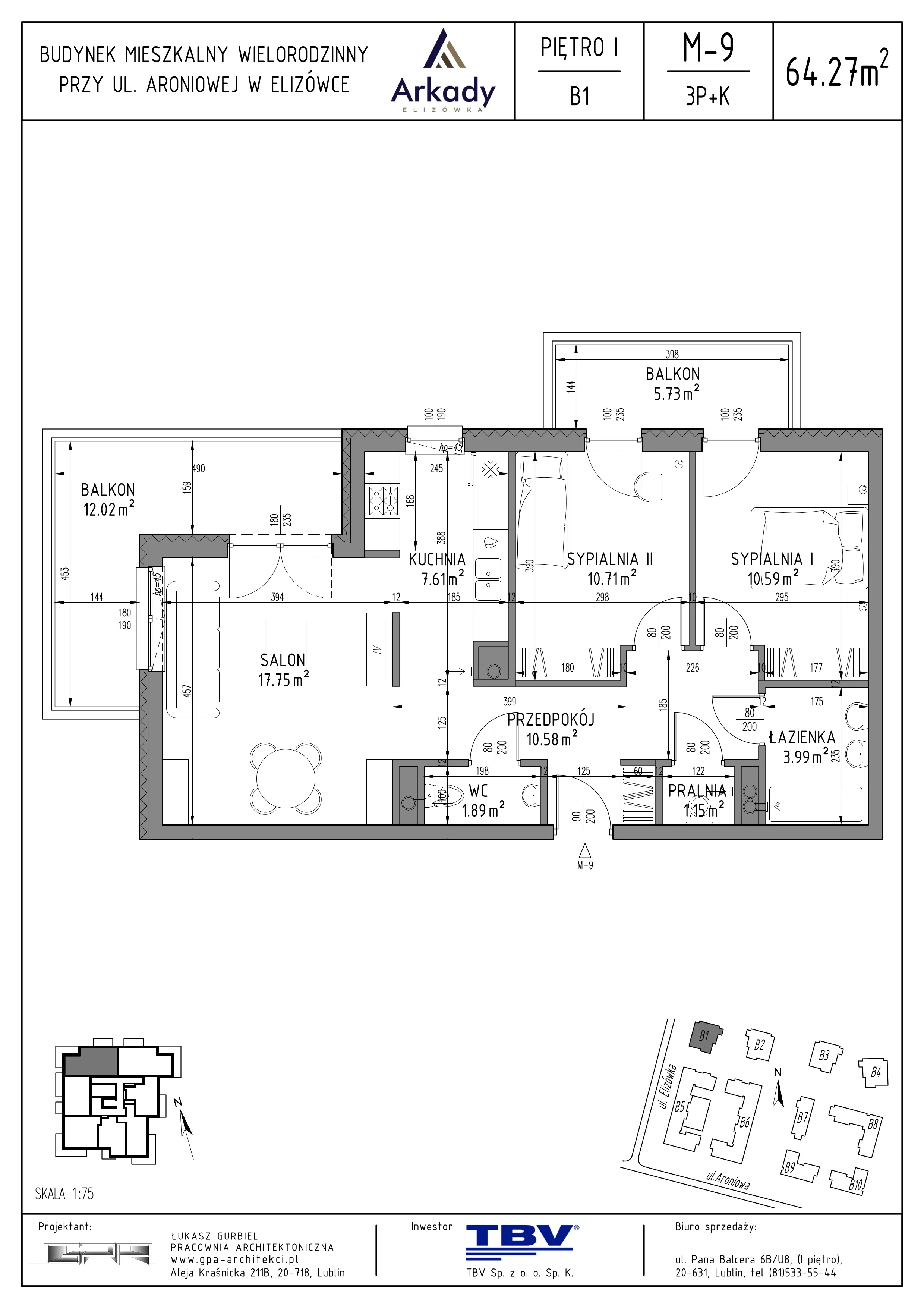3 pokoje, mieszkanie 64,27 m², piętro 1, oferta nr B1-LM09, Osiedle Arkady, Elizówka, ul. Elizówka 46