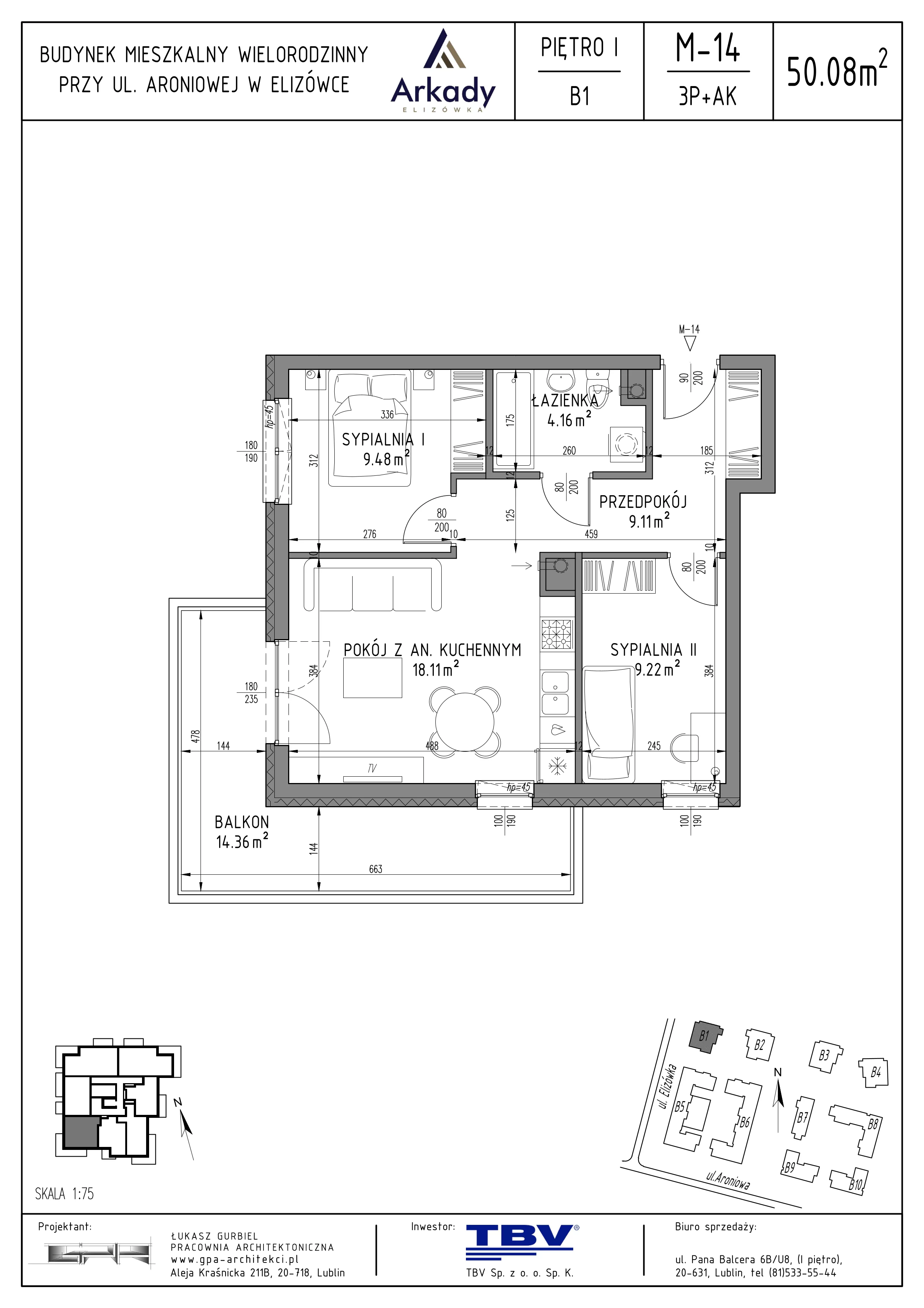 3 pokoje, mieszkanie 50,08 m², piętro 1, oferta nr B1-LM14, Osiedle Arkady, Elizówka, ul. Elizówka 46