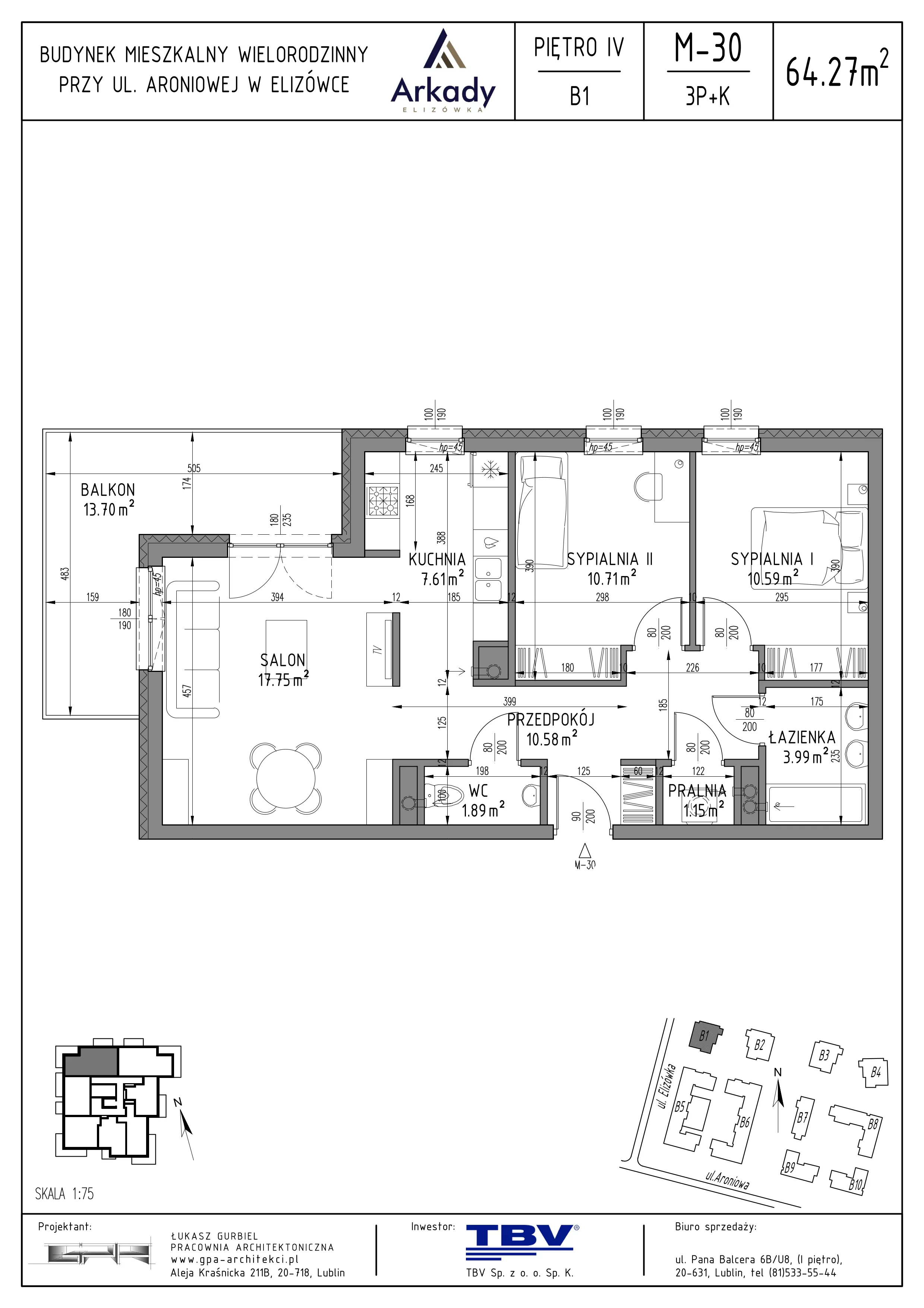 3 pokoje, mieszkanie 64,27 m², piętro 4, oferta nr B1-LM30, Osiedle Arkady, Elizówka, ul. Elizówka 46
