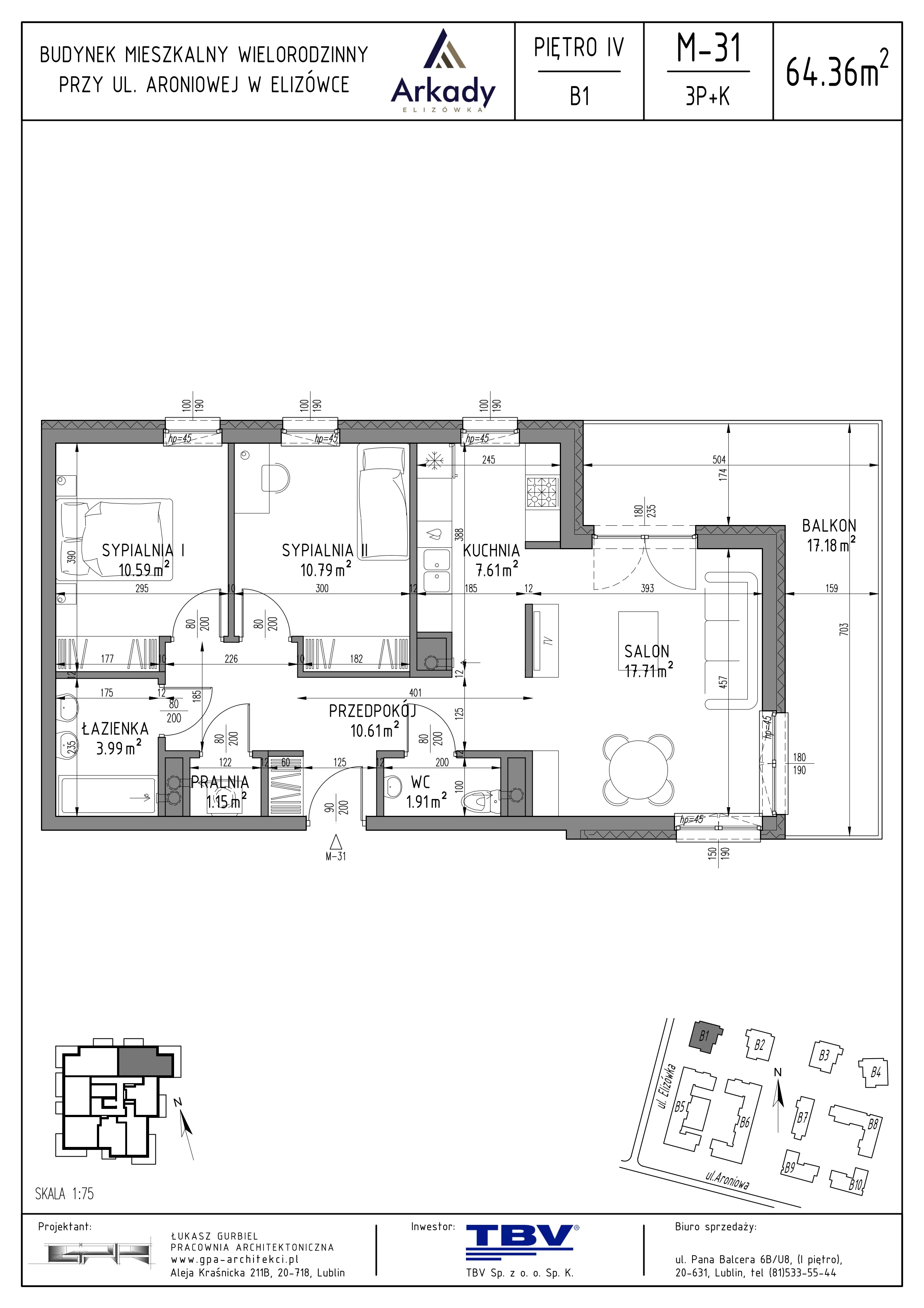 3 pokoje, mieszkanie 64,36 m², piętro 4, oferta nr B1-LM31, Osiedle Arkady, Elizówka, ul. Elizówka 46