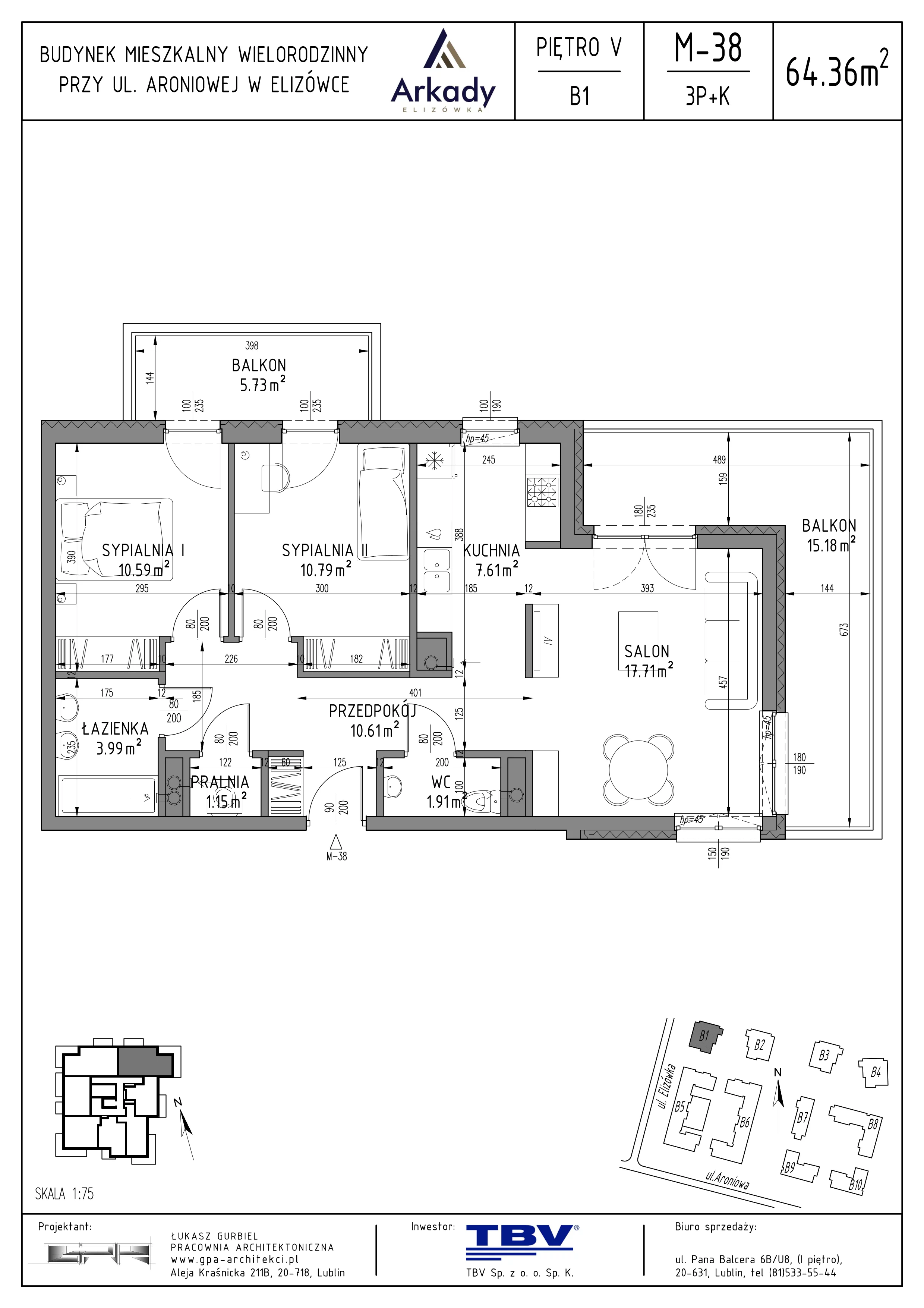 3 pokoje, mieszkanie 64,36 m², piętro 5, oferta nr B1-LM38, Osiedle Arkady, Elizówka, ul. Elizówka 46