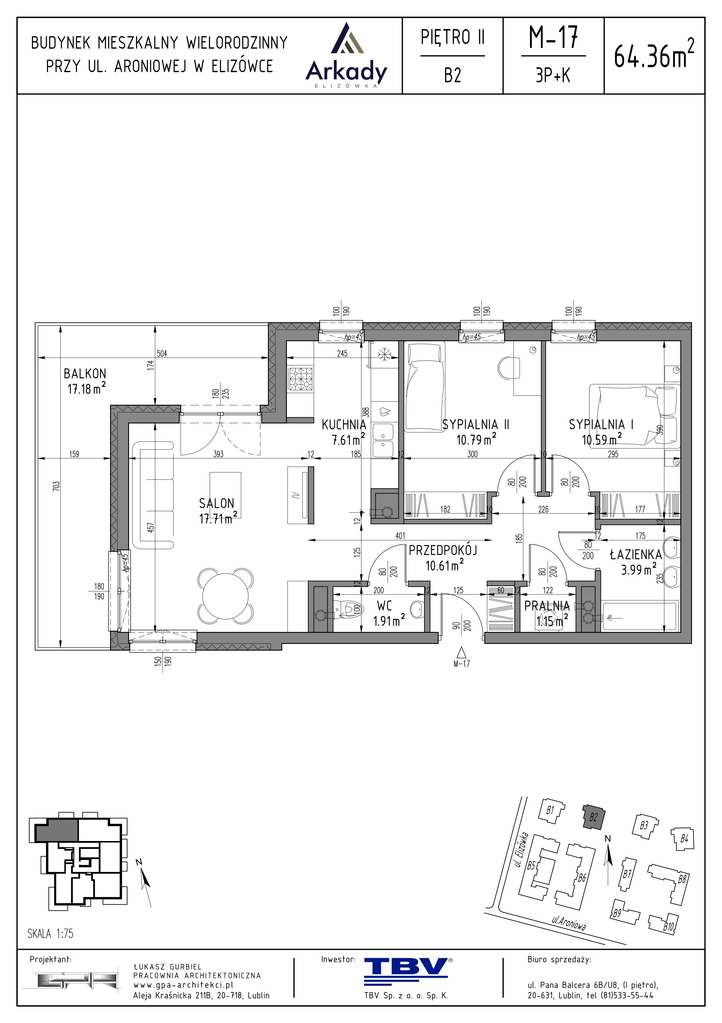 3 pokoje, mieszkanie 64,36 m², piętro 2, oferta nr B2-LM17, Osiedle Arkady, Elizówka, ul. Elizówka 46