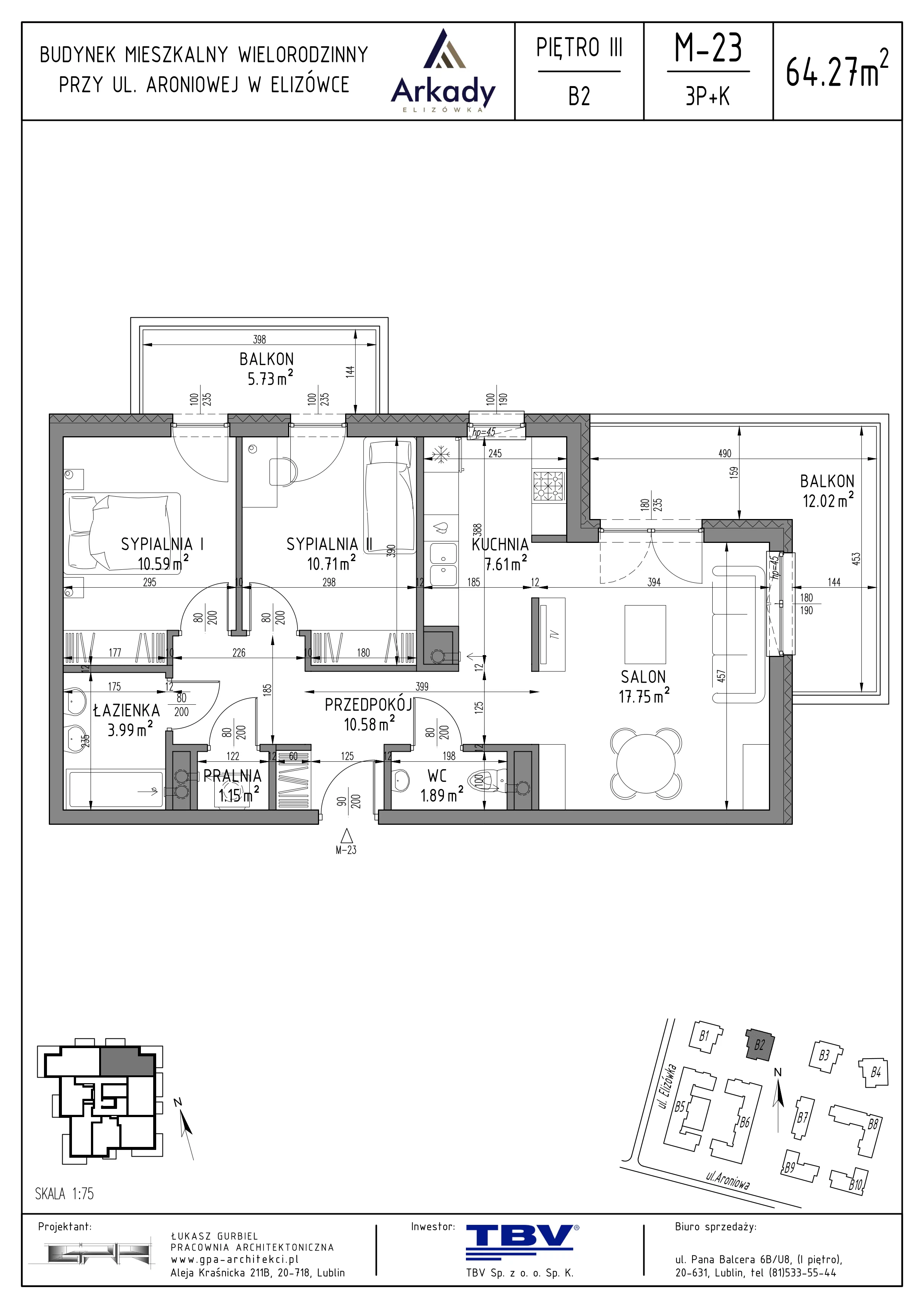 3 pokoje, mieszkanie 64,27 m², piętro 3, oferta nr B2-LM23, Osiedle Arkady, Elizówka, ul. Elizówka 46