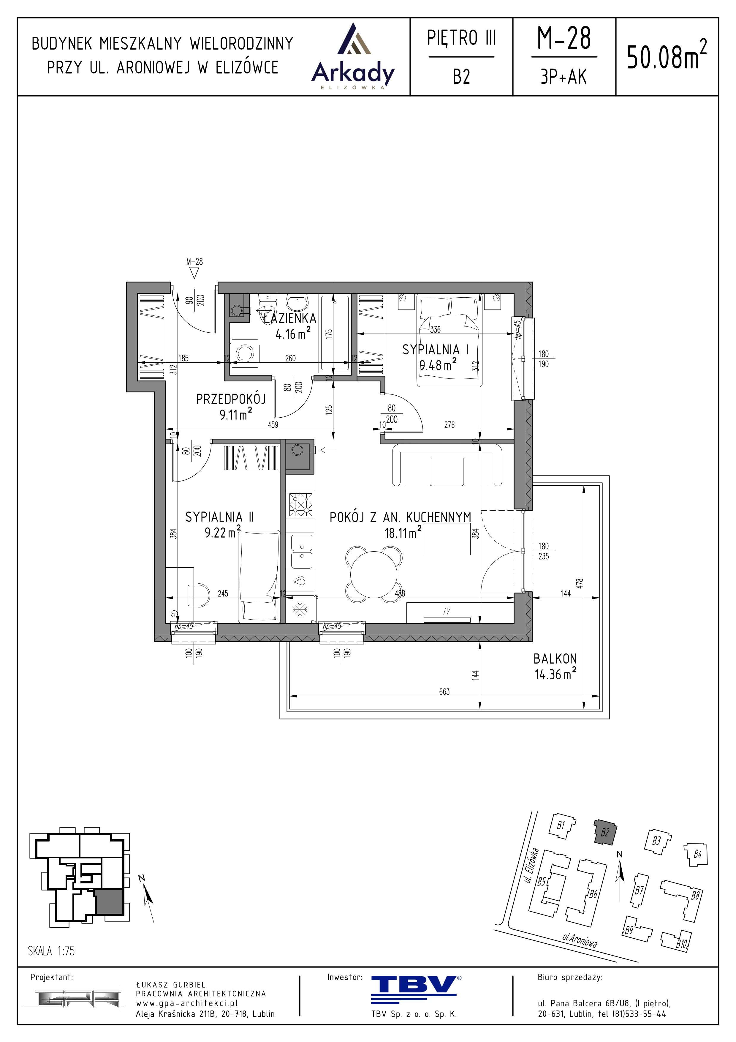 3 pokoje, mieszkanie 50,08 m², piętro 3, oferta nr B2-LM28, Osiedle Arkady, Elizówka, ul. Elizówka 46