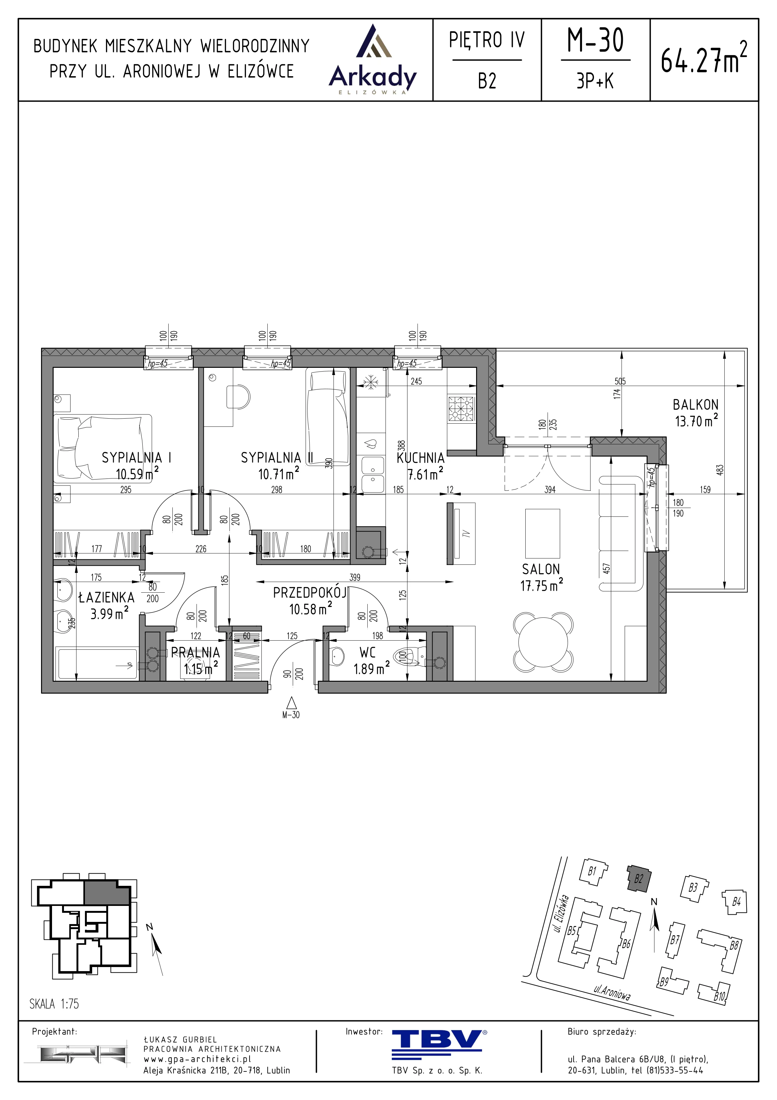 3 pokoje, mieszkanie 64,27 m², piętro 4, oferta nr B2-LM30, Osiedle Arkady, Elizówka, ul. Elizówka 46