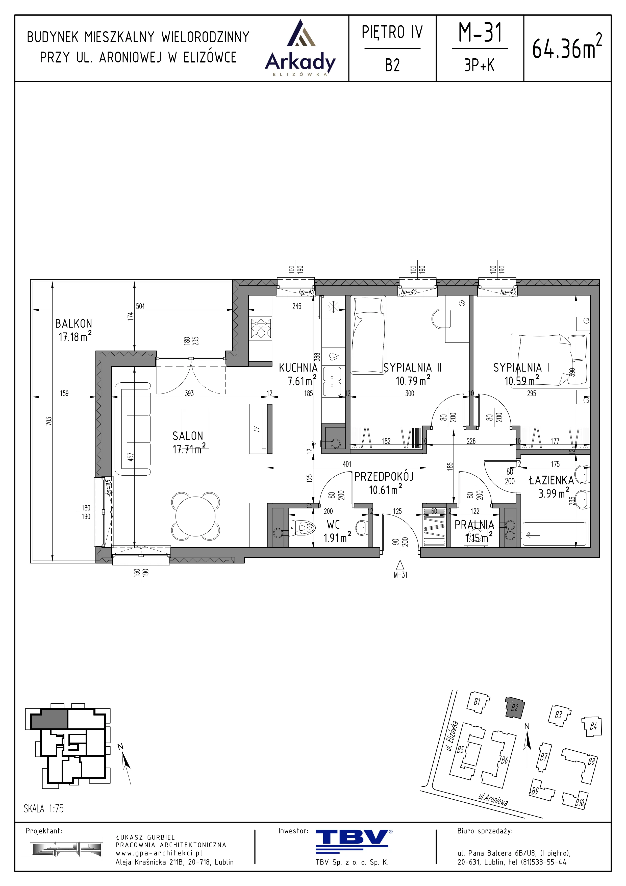 3 pokoje, mieszkanie 64,36 m², piętro 4, oferta nr B2-LM31, Osiedle Arkady, Elizówka, ul. Elizówka 46