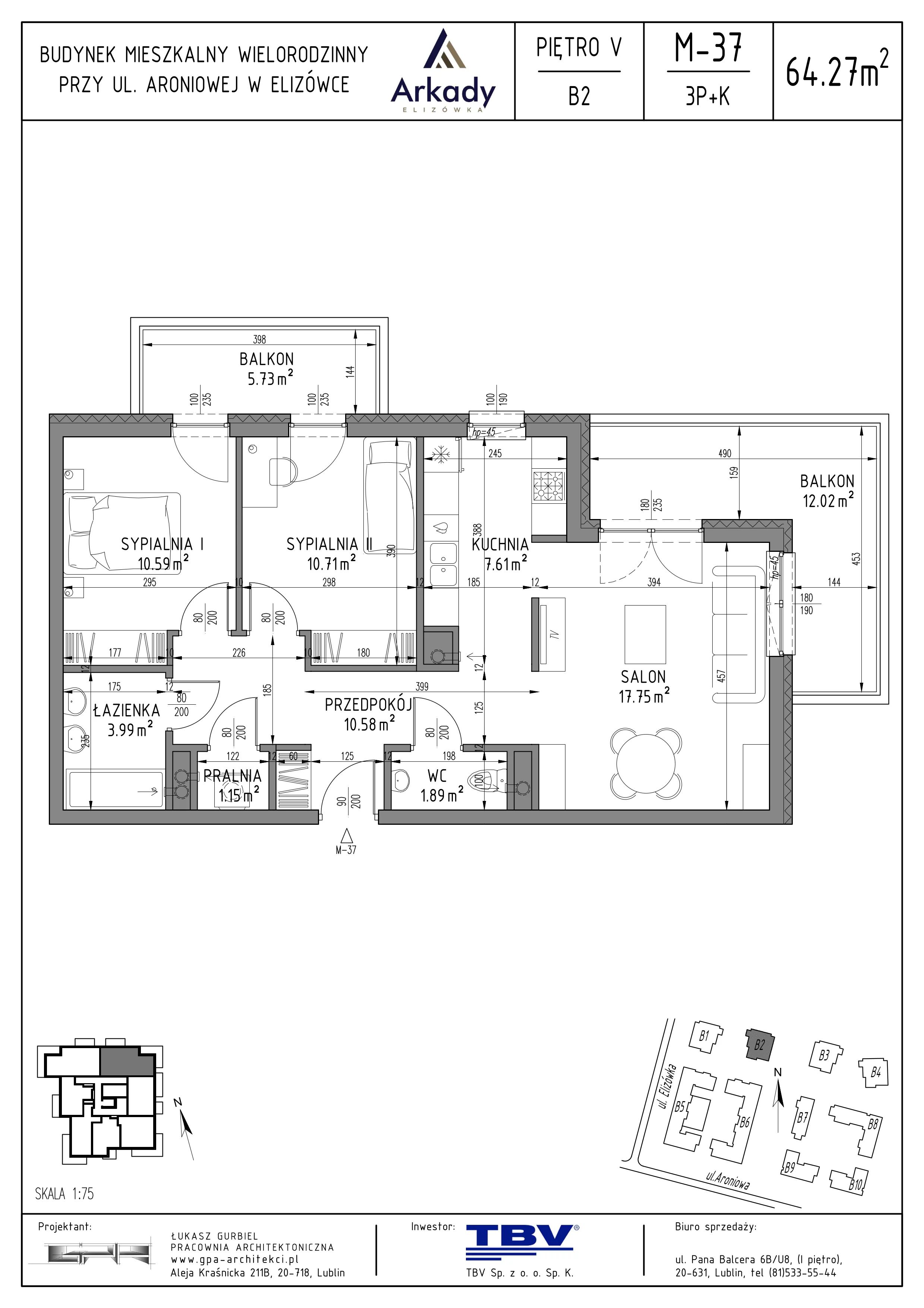 3 pokoje, mieszkanie 64,27 m², piętro 5, oferta nr B2-LM37, Osiedle Arkady, Elizówka, ul. Elizówka 46