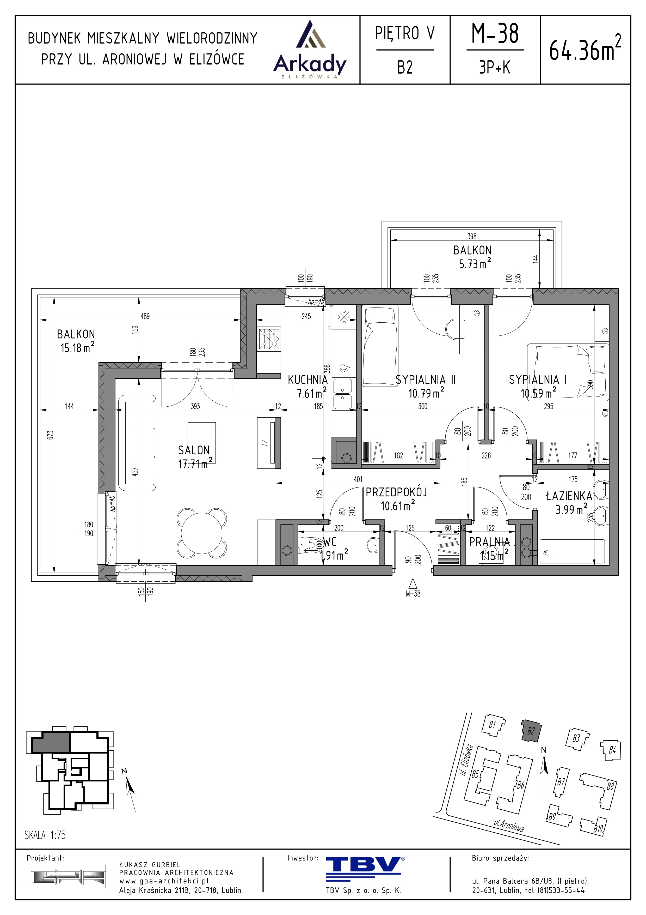 3 pokoje, mieszkanie 64,36 m², piętro 5, oferta nr B2-LM38, Osiedle Arkady, Elizówka, ul. Elizówka 46