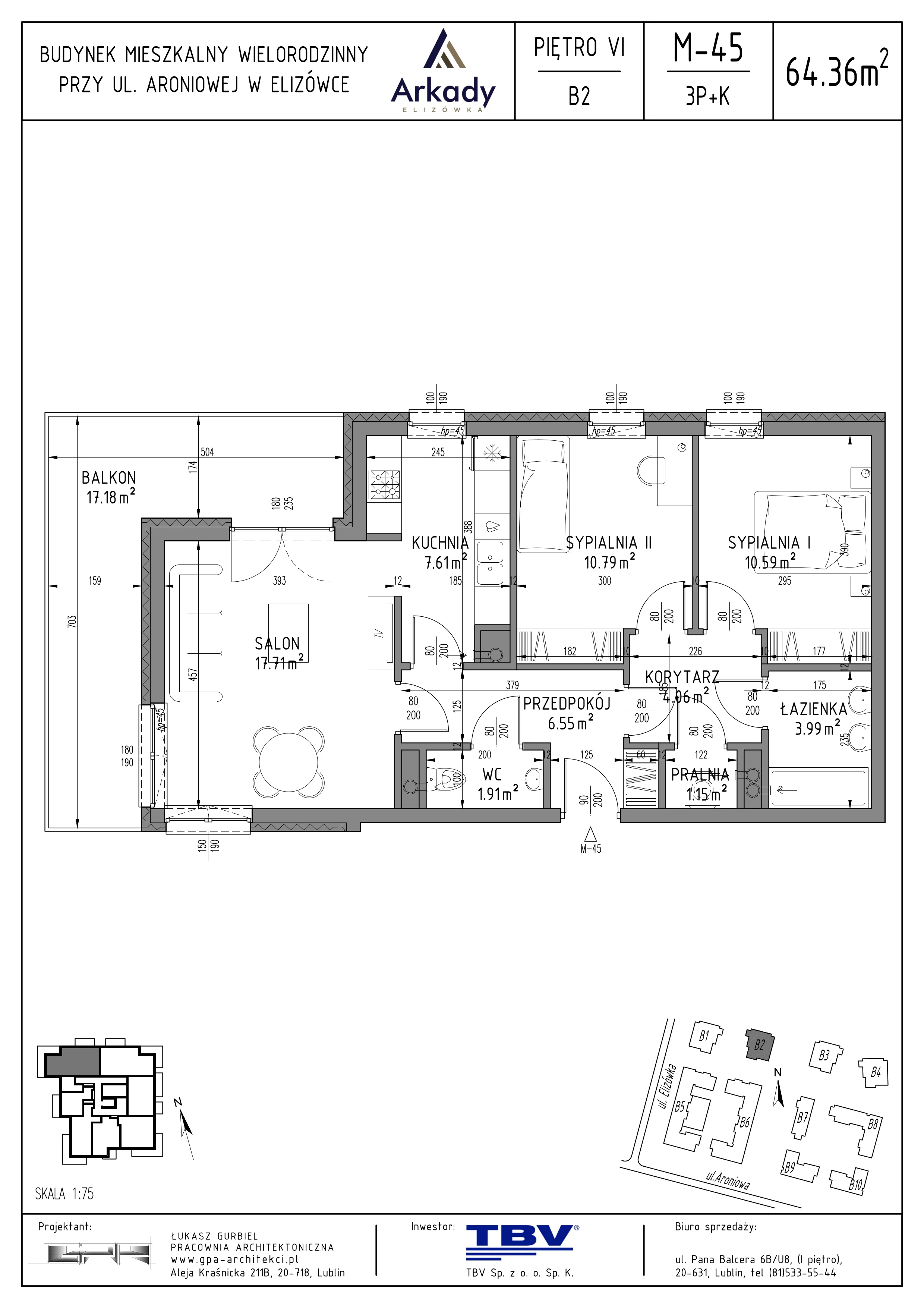3 pokoje, mieszkanie 64,36 m², piętro 6, oferta nr B2-LM45, Osiedle Arkady, Elizówka, ul. Elizówka 46