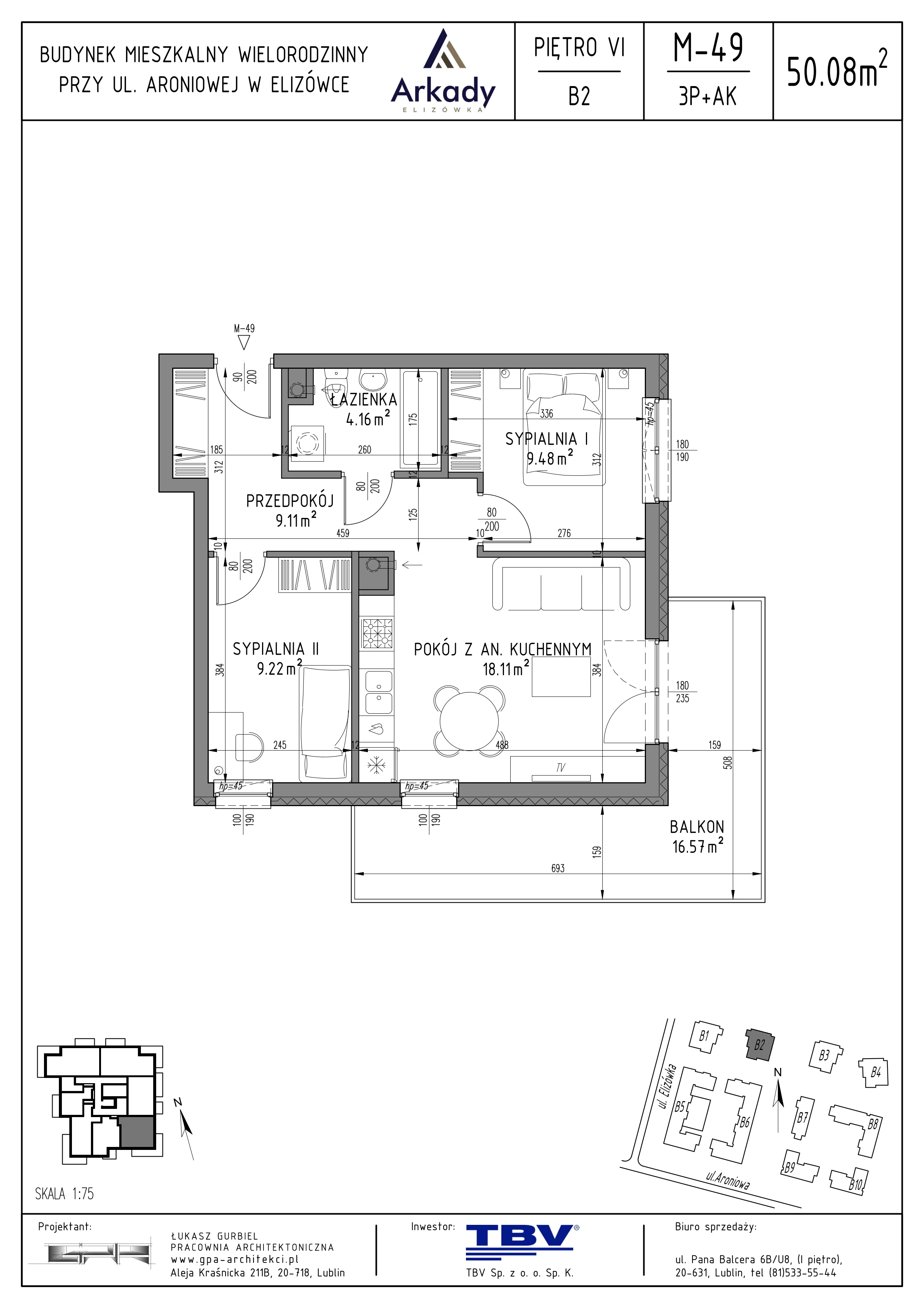 3 pokoje, mieszkanie 50,08 m², piętro 6, oferta nr B2-LM49, Osiedle Arkady, Elizówka, ul. Elizówka 46