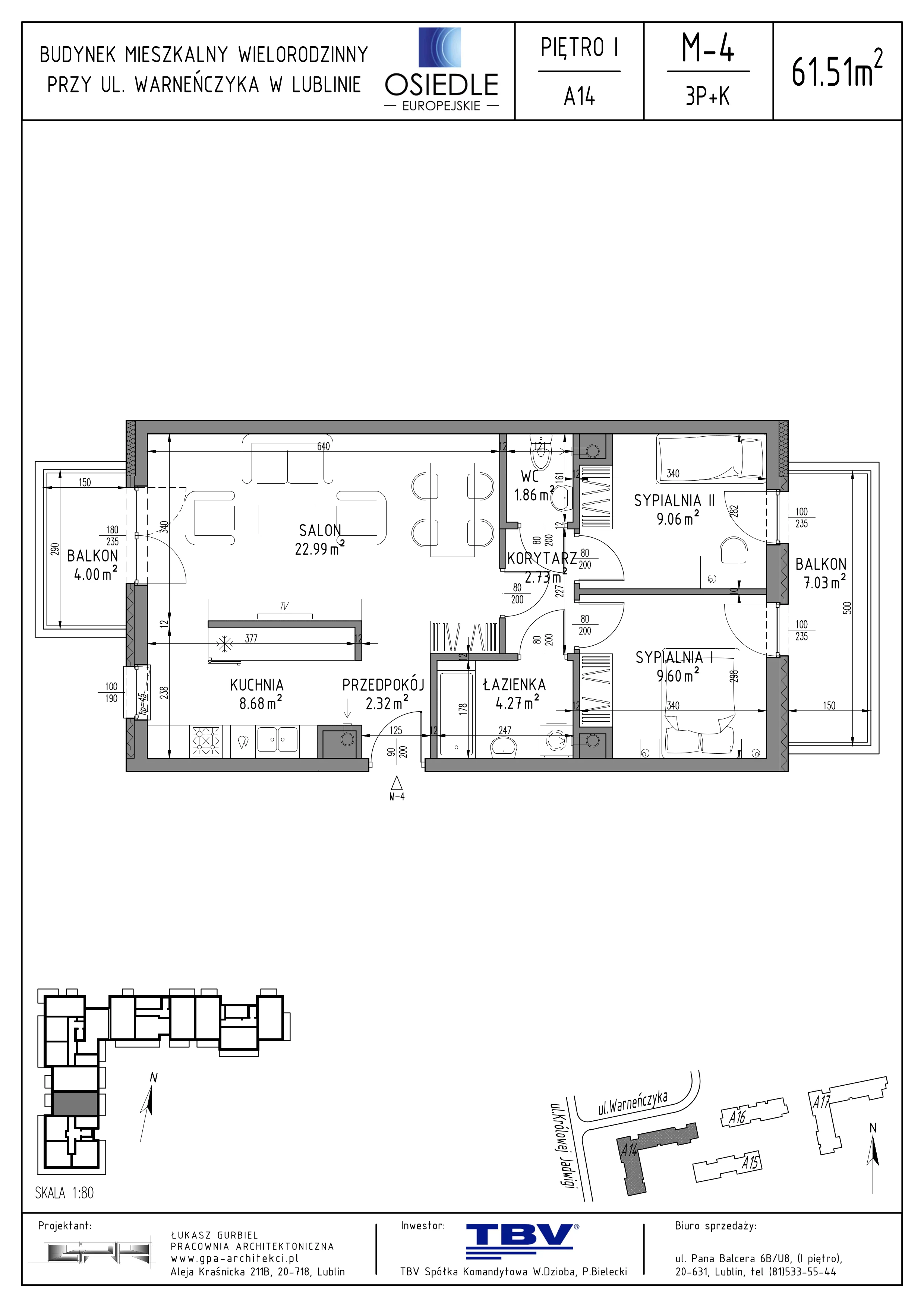 3 pokoje, mieszkanie 61,51 m², piętro 1, oferta nr A14-LM-04, Osiedle Europejskie - Etap Kopenhaga, Lublin, Felin, ul. Zygmunta Starego