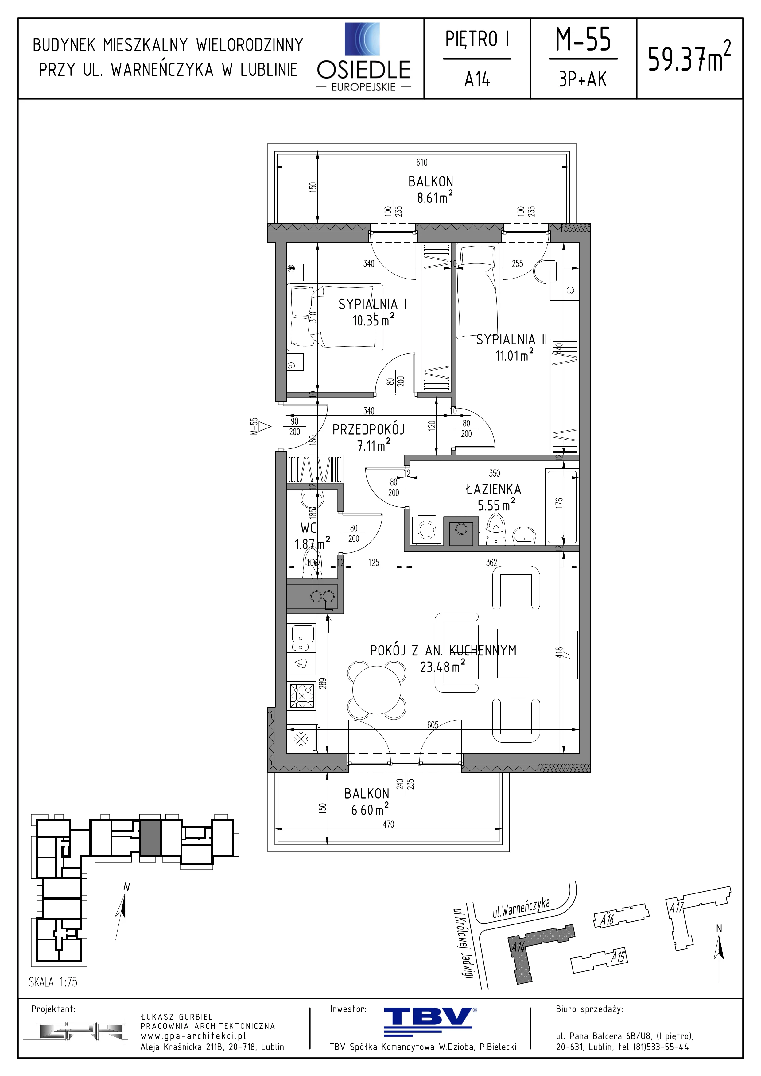 3 pokoje, mieszkanie 59,37 m², piętro 1, oferta nr A14-LM-55, Osiedle Europejskie - Etap Kopenhaga, Lublin, Felin, ul. Zygmunta Starego