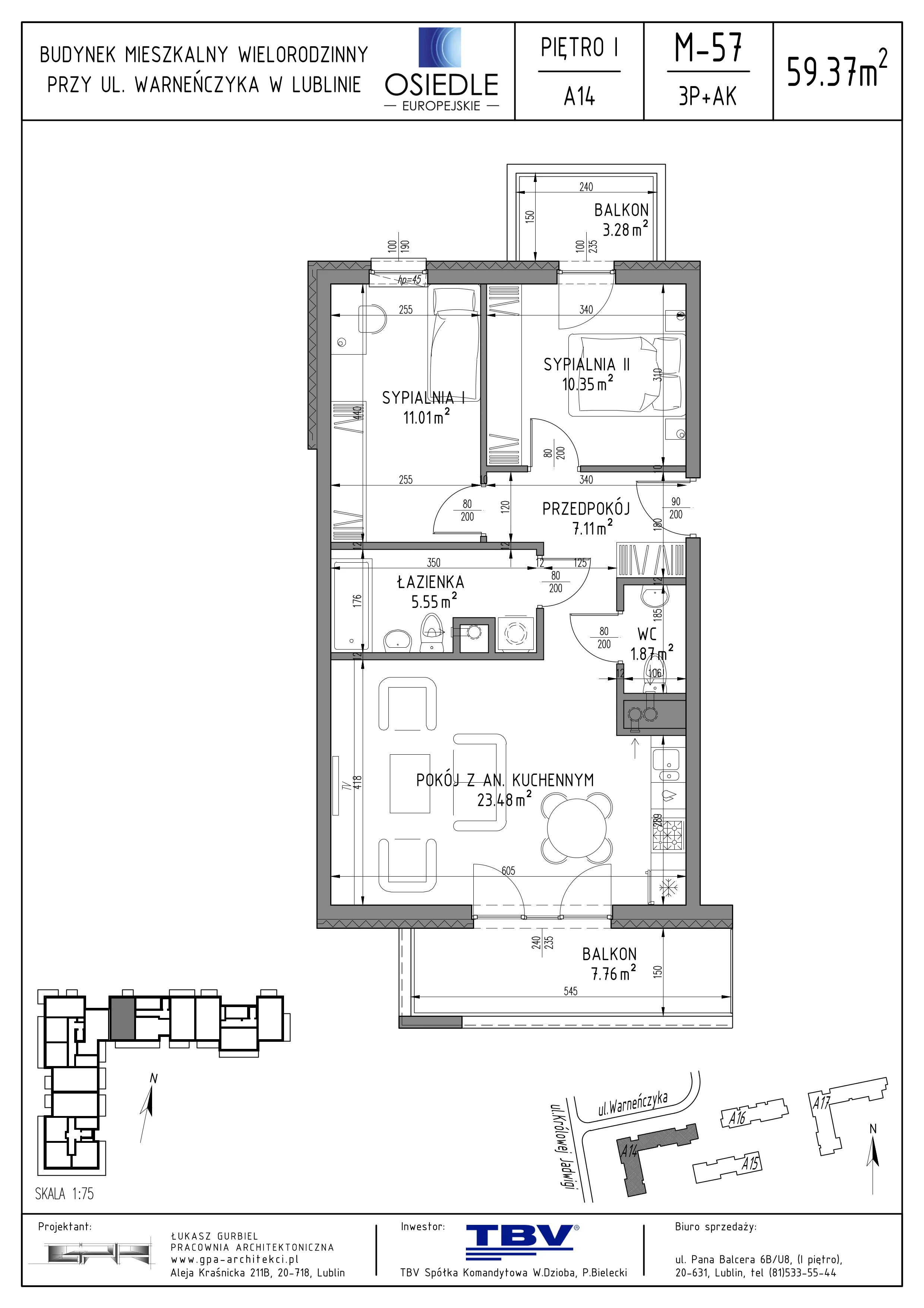 3 pokoje, mieszkanie 59,37 m², piętro 1, oferta nr A14-LM-57, Osiedle Europejskie - Etap Kopenhaga, Lublin, Felin, ul. Zygmunta Starego