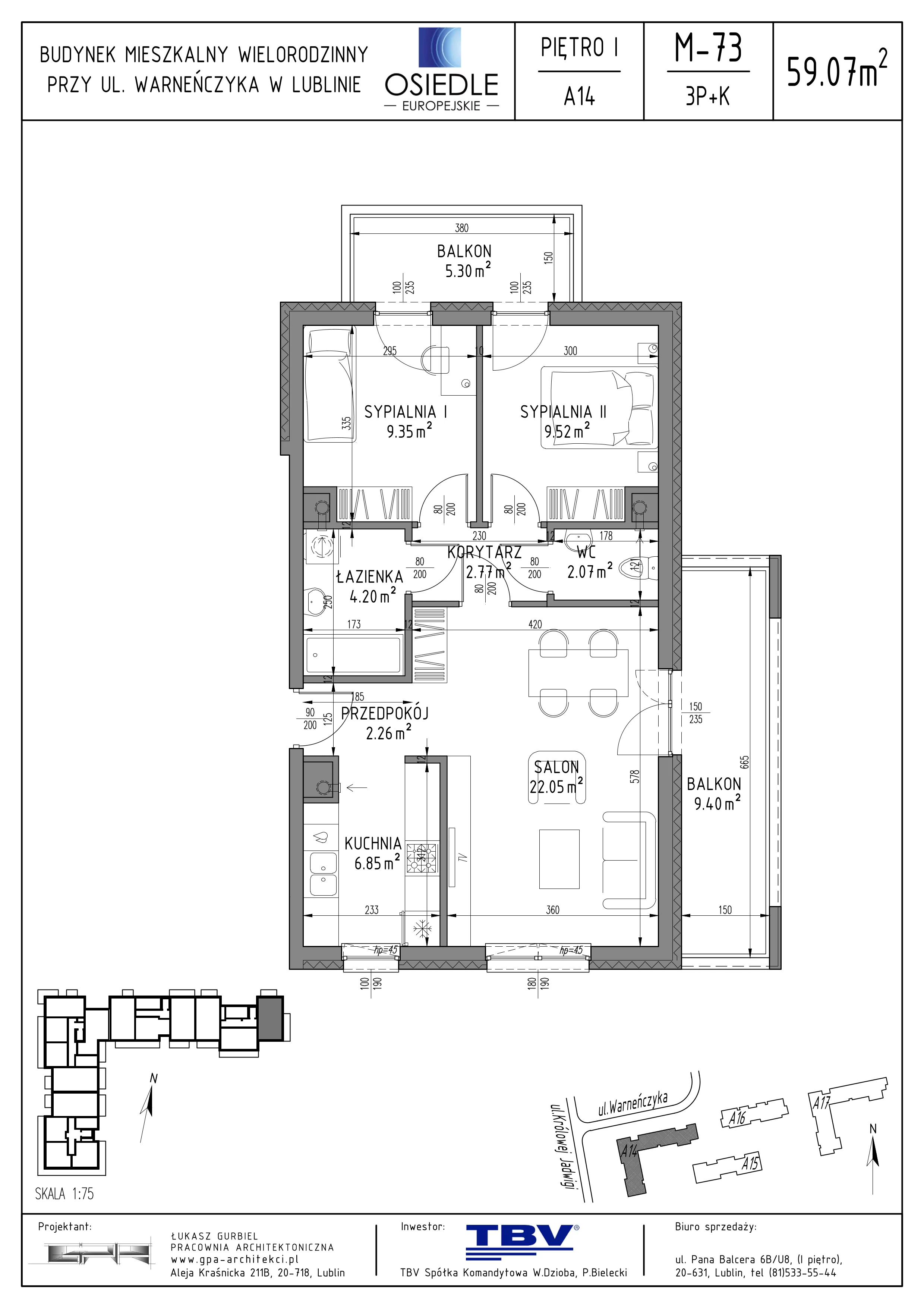3 pokoje, mieszkanie 59,07 m², piętro 1, oferta nr A14-LM-73, Osiedle Europejskie - Etap Kopenhaga, Lublin, Felin, ul. Zygmunta Starego