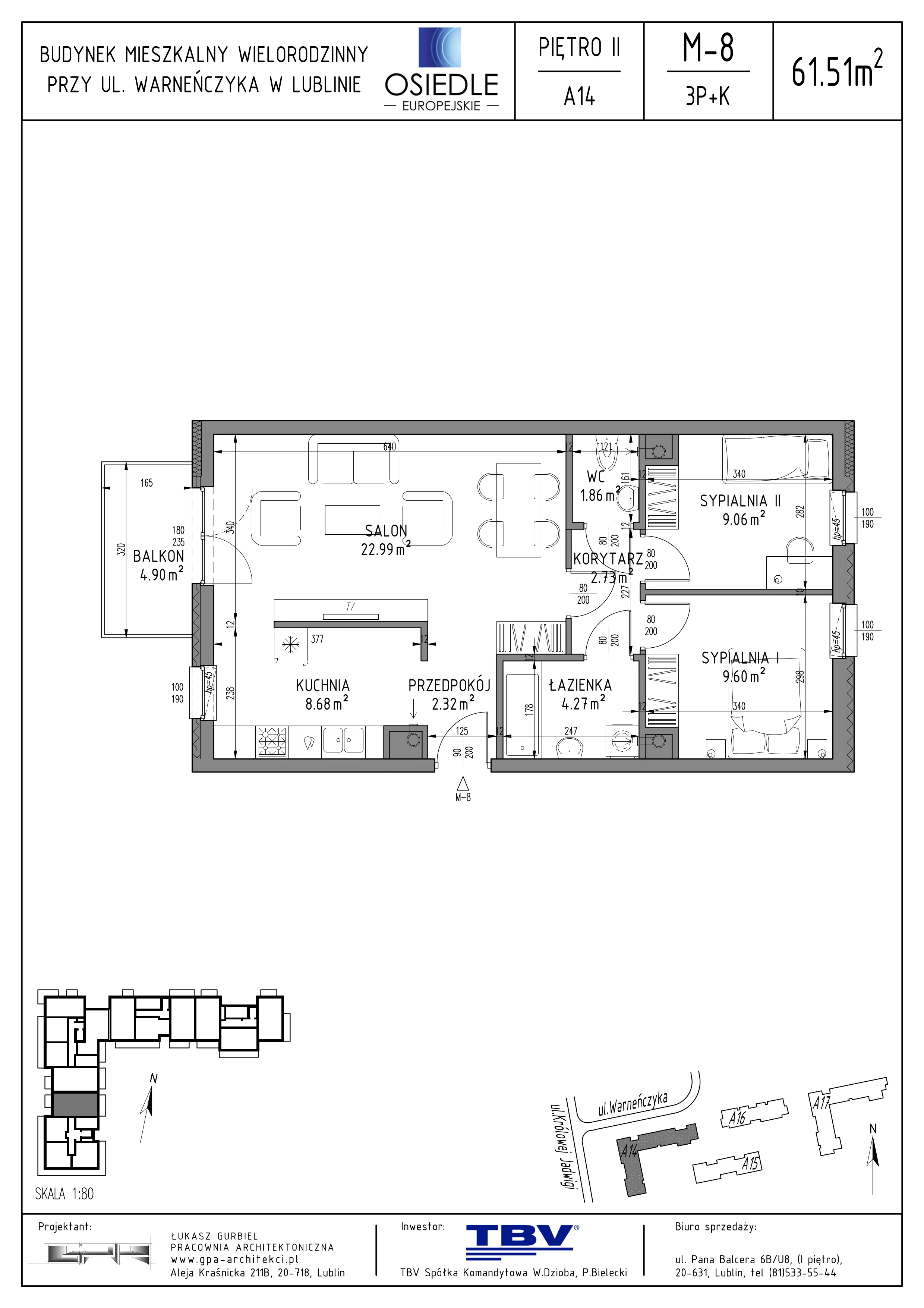 3 pokoje, mieszkanie 61,51 m², piętro 2, oferta nr A14-LM-08, Osiedle Europejskie - Etap Kopenhaga, Lublin, Felin, ul. Zygmunta Starego