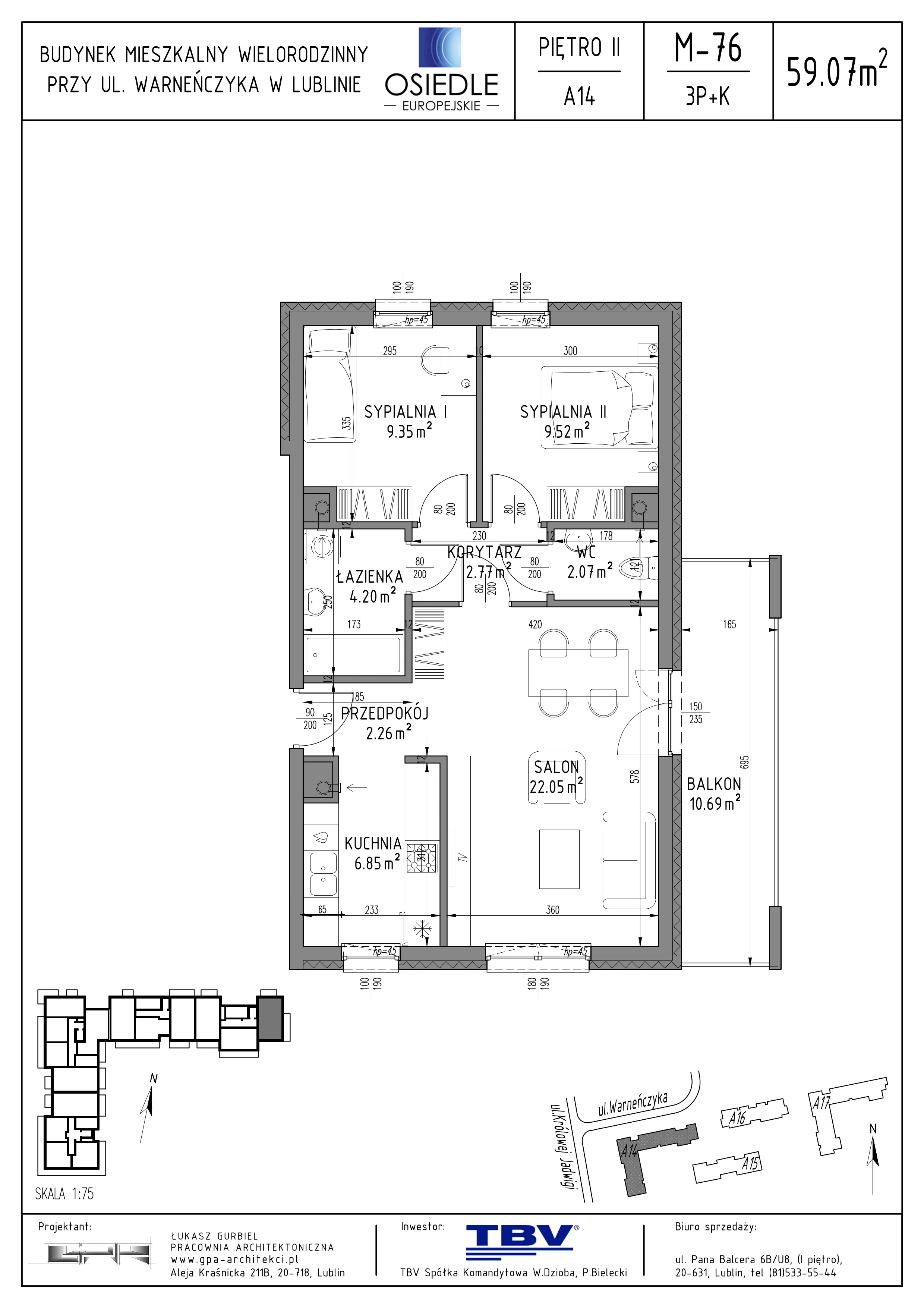 3 pokoje, mieszkanie 59,07 m², piętro 2, oferta nr A14-LM-76, Osiedle Europejskie - Etap Kopenhaga, Lublin, Felin, ul. Zygmunta Starego