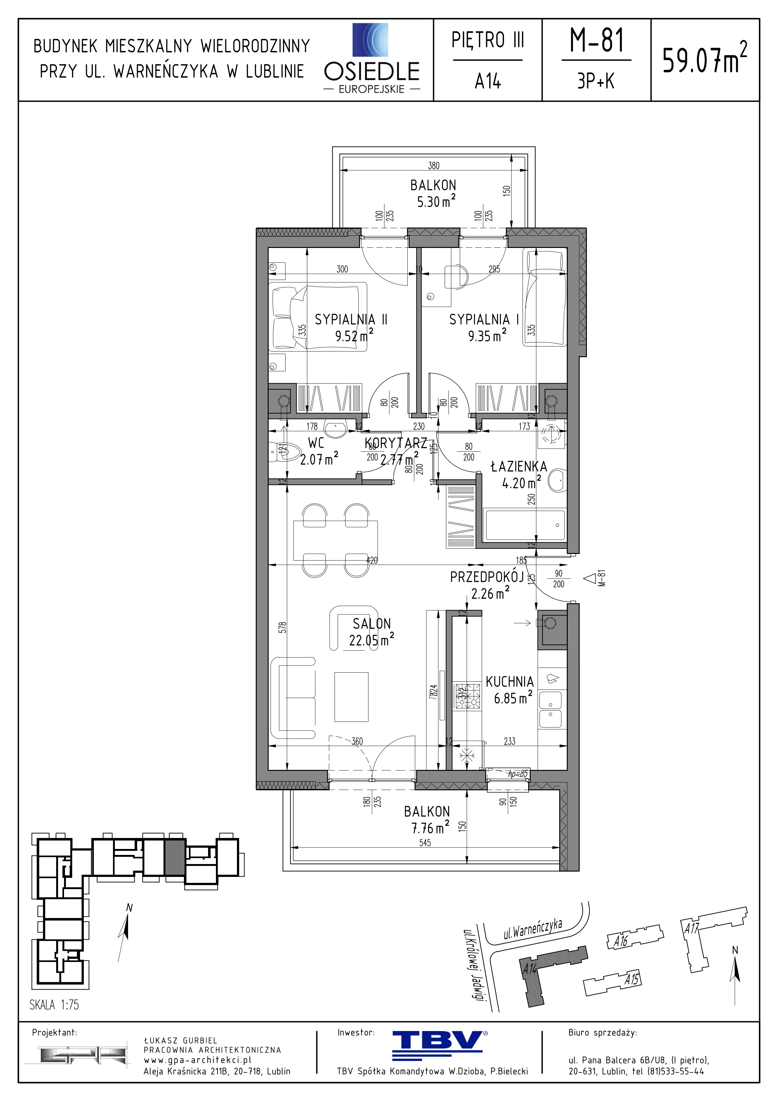 3 pokoje, mieszkanie 59,07 m², piętro 3, oferta nr A14-LM-81, Osiedle Europejskie - Etap Kopenhaga, Lublin, Felin, ul. Zygmunta Starego