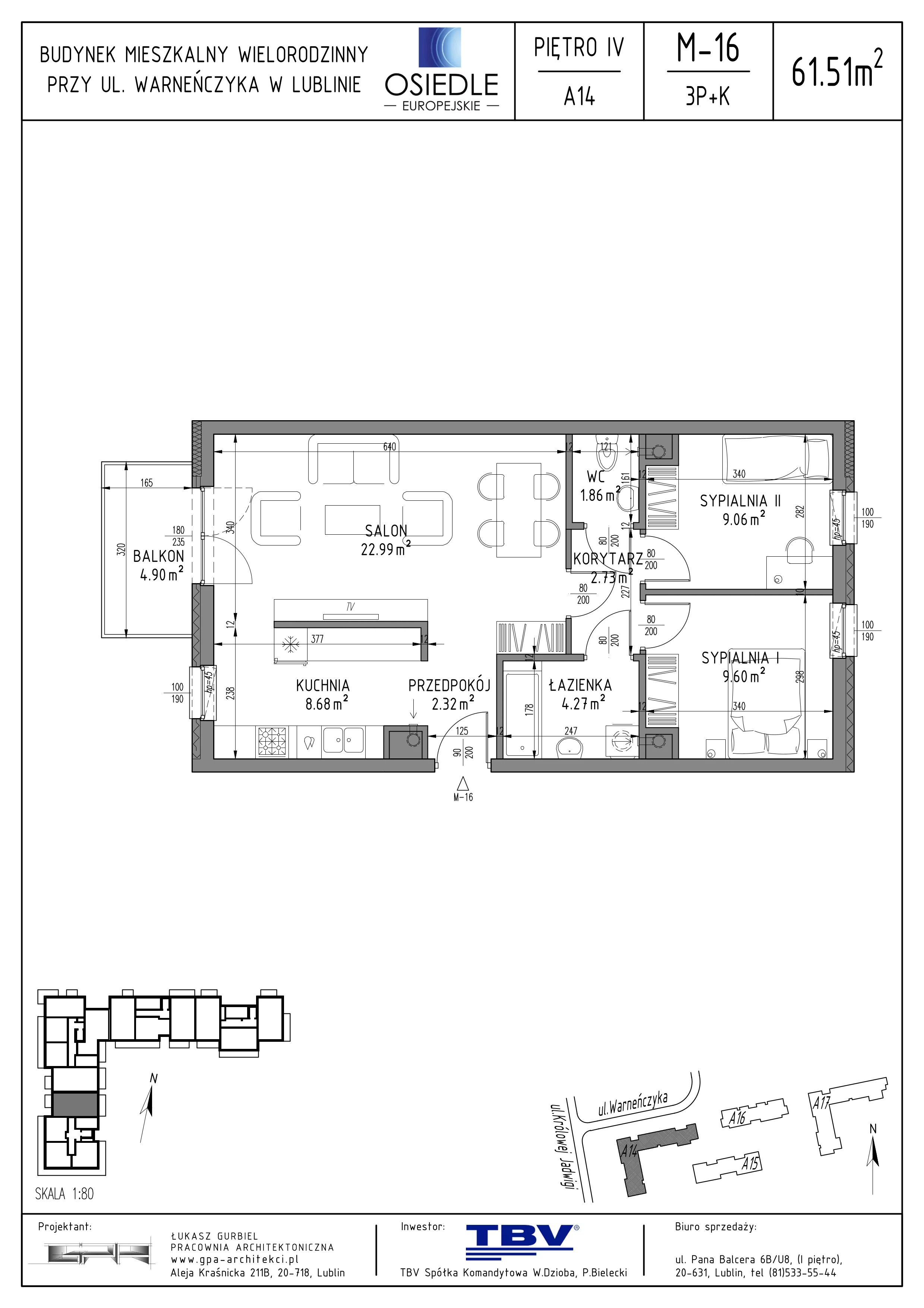 3 pokoje, mieszkanie 61,51 m², piętro 4, oferta nr A14-LM-16, Osiedle Europejskie - Etap Kopenhaga, Lublin, Felin, ul. Zygmunta Starego