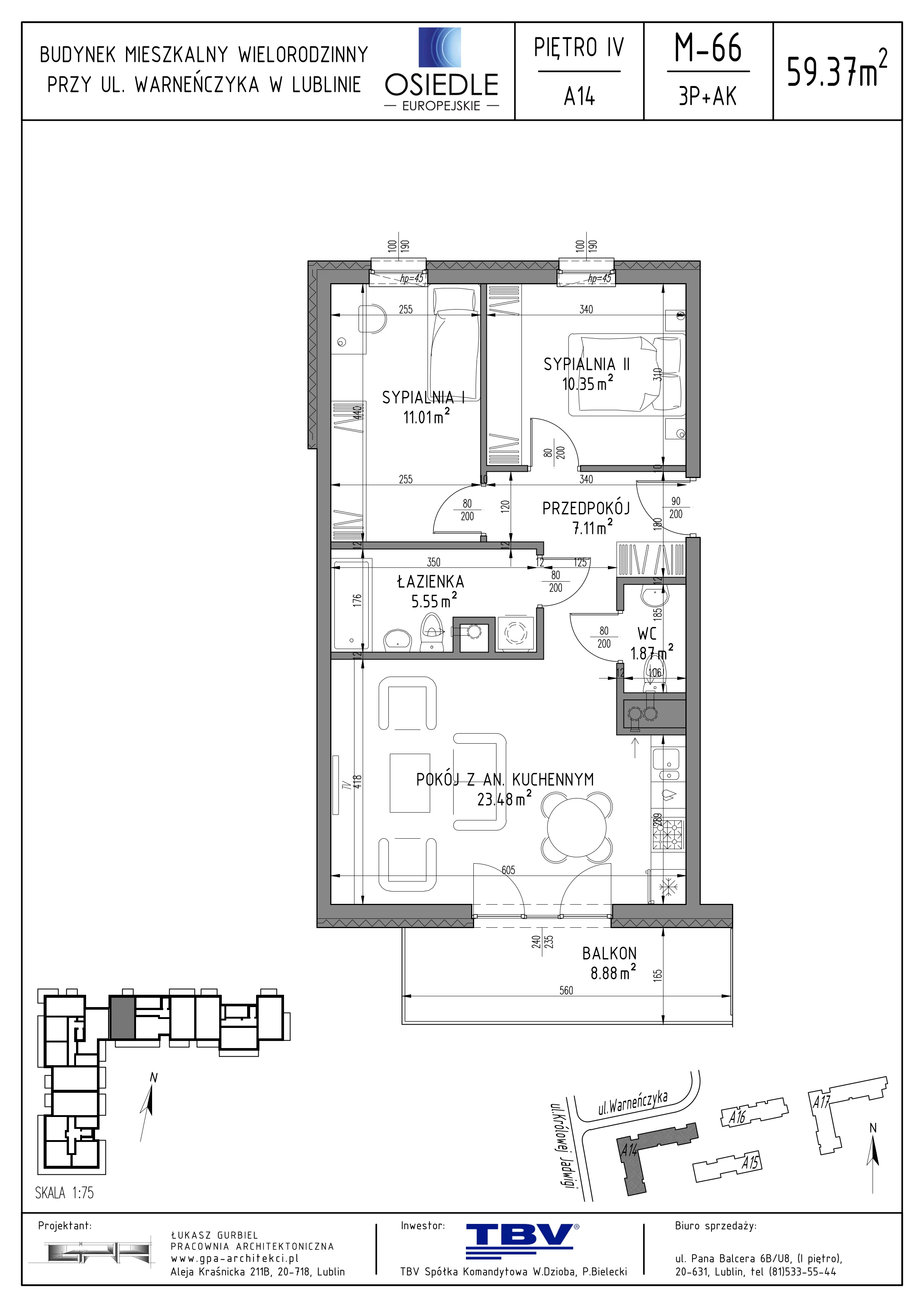 3 pokoje, mieszkanie 59,37 m², piętro 4, oferta nr A14-LM-66, Osiedle Europejskie - Etap Kopenhaga, Lublin, Felin, ul. Zygmunta Starego