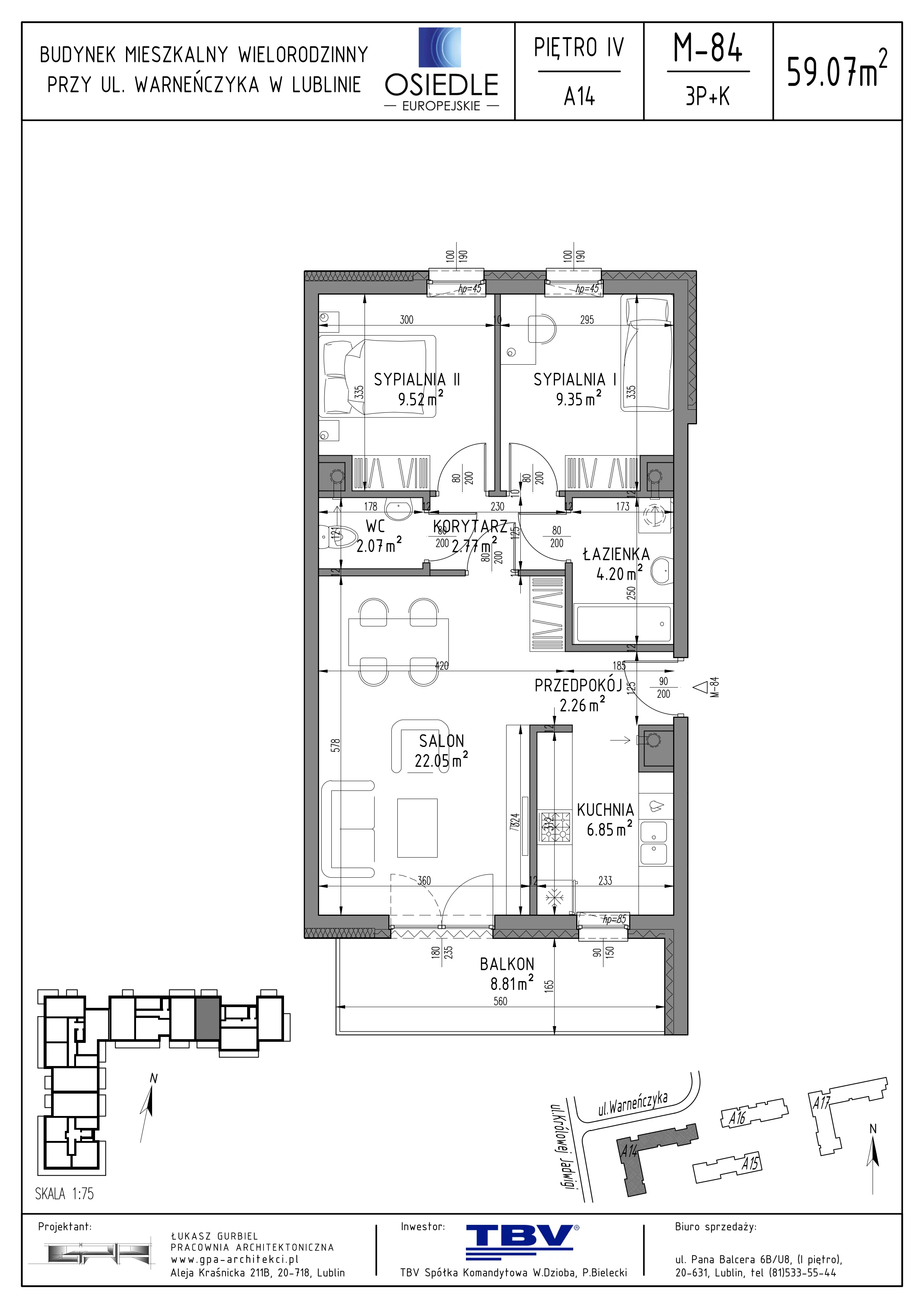 3 pokoje, mieszkanie 59,07 m², piętro 4, oferta nr A14-LM-84, Osiedle Europejskie - Etap Kopenhaga, Lublin, Felin, ul. Zygmunta Starego