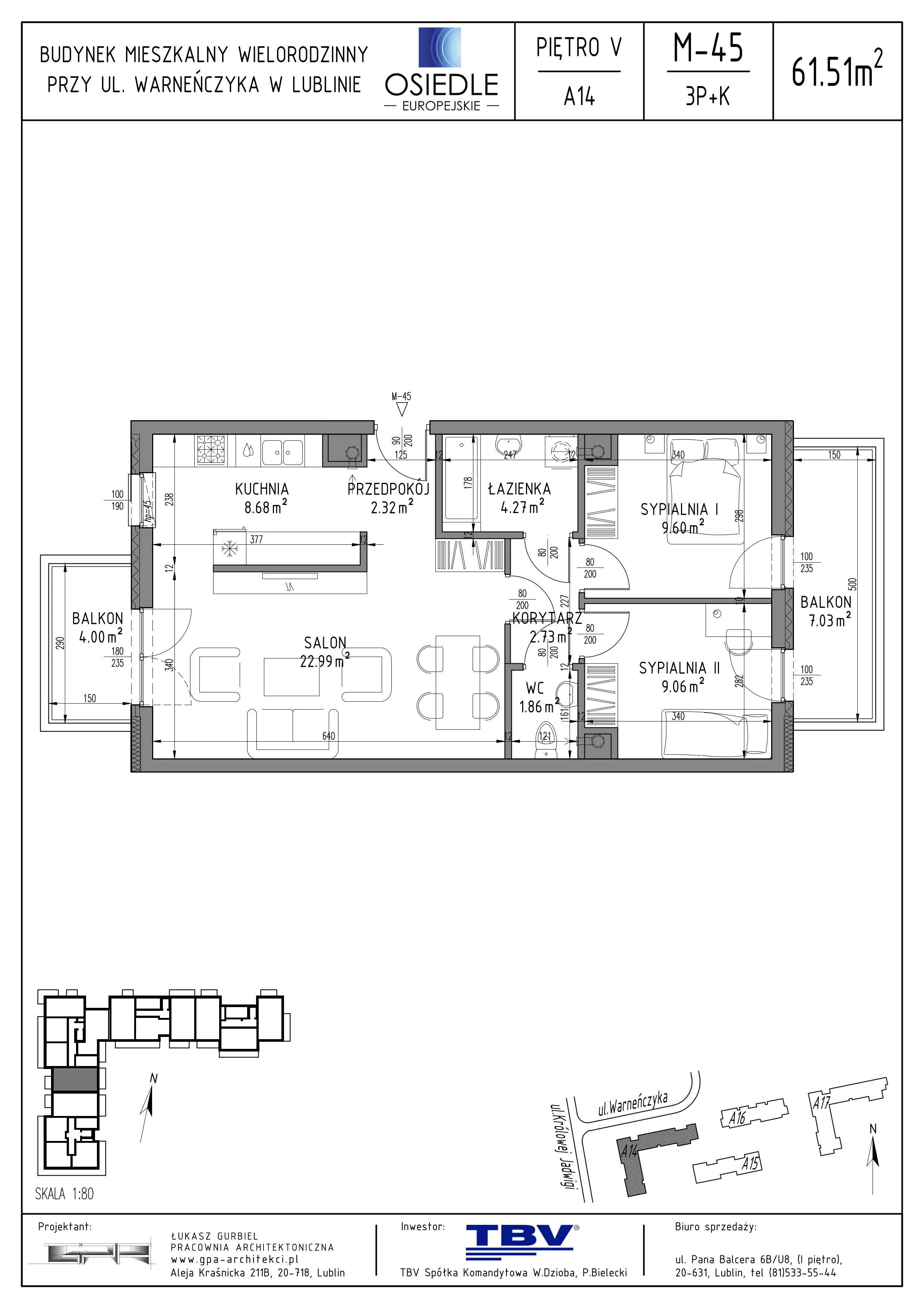 3 pokoje, mieszkanie 61,51 m², piętro 5, oferta nr A14-LM-45, Osiedle Europejskie - Etap Kopenhaga, Lublin, Felin, ul. Zygmunta Starego