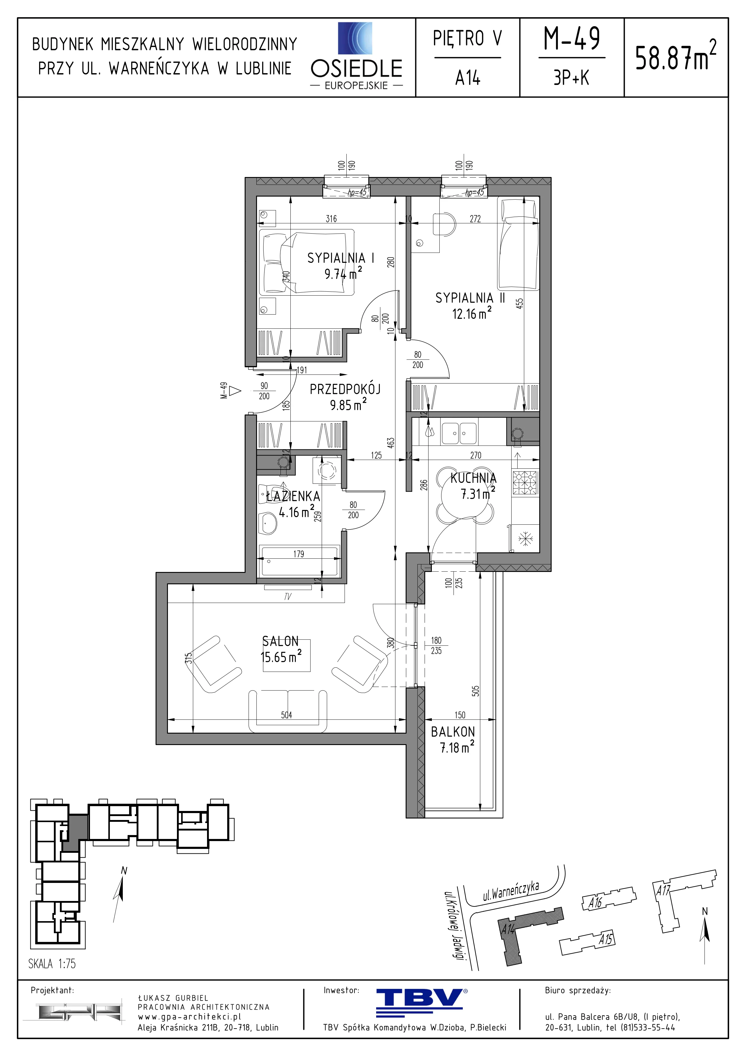3 pokoje, mieszkanie 58,87 m², piętro 5, oferta nr A14-LM-49, Osiedle Europejskie - Etap Kopenhaga, Lublin, Felin, ul. Zygmunta Starego