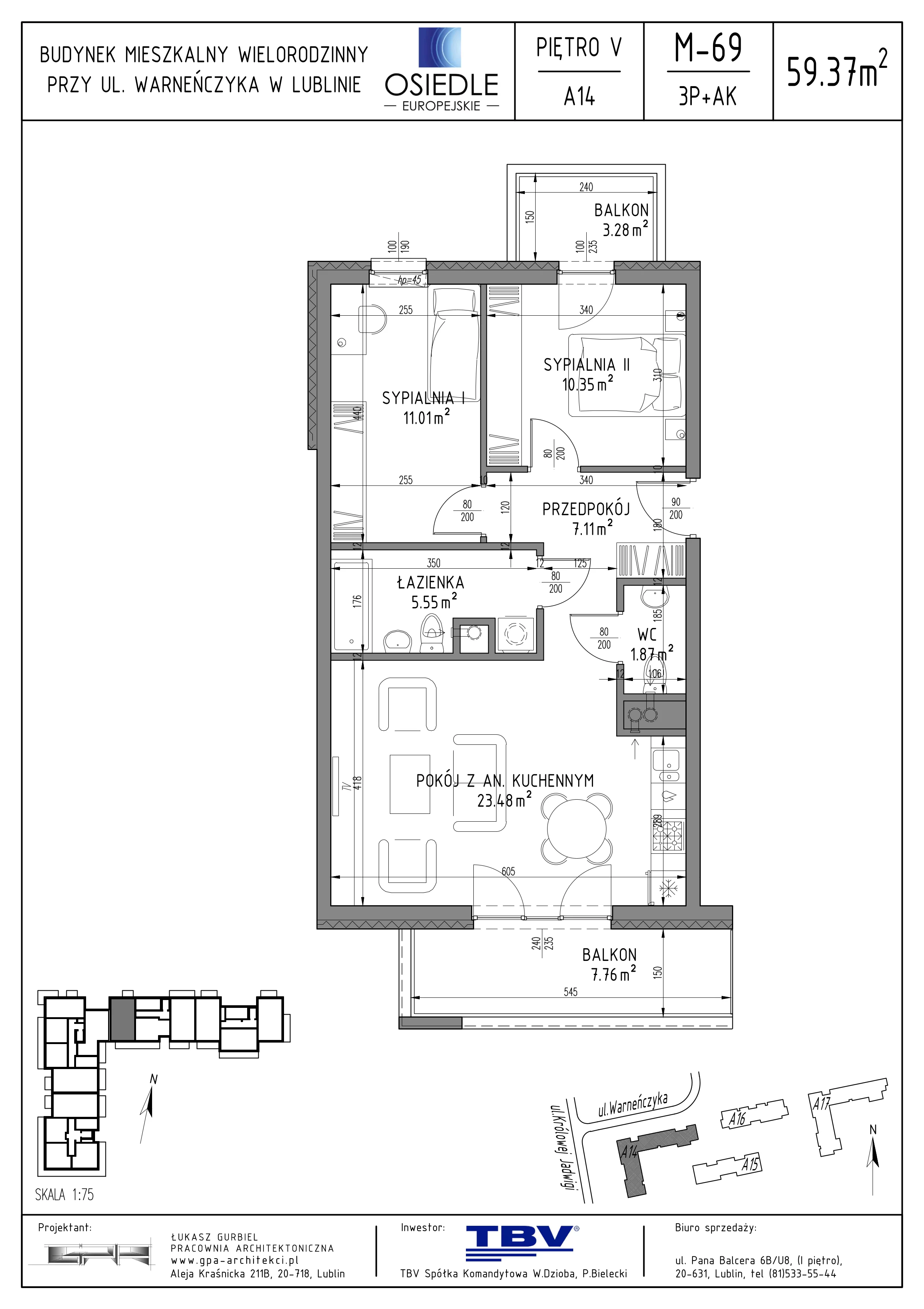 3 pokoje, mieszkanie 59,37 m², piętro 5, oferta nr A14-LM-69, Osiedle Europejskie - Etap Kopenhaga, Lublin, Felin, ul. Zygmunta Starego