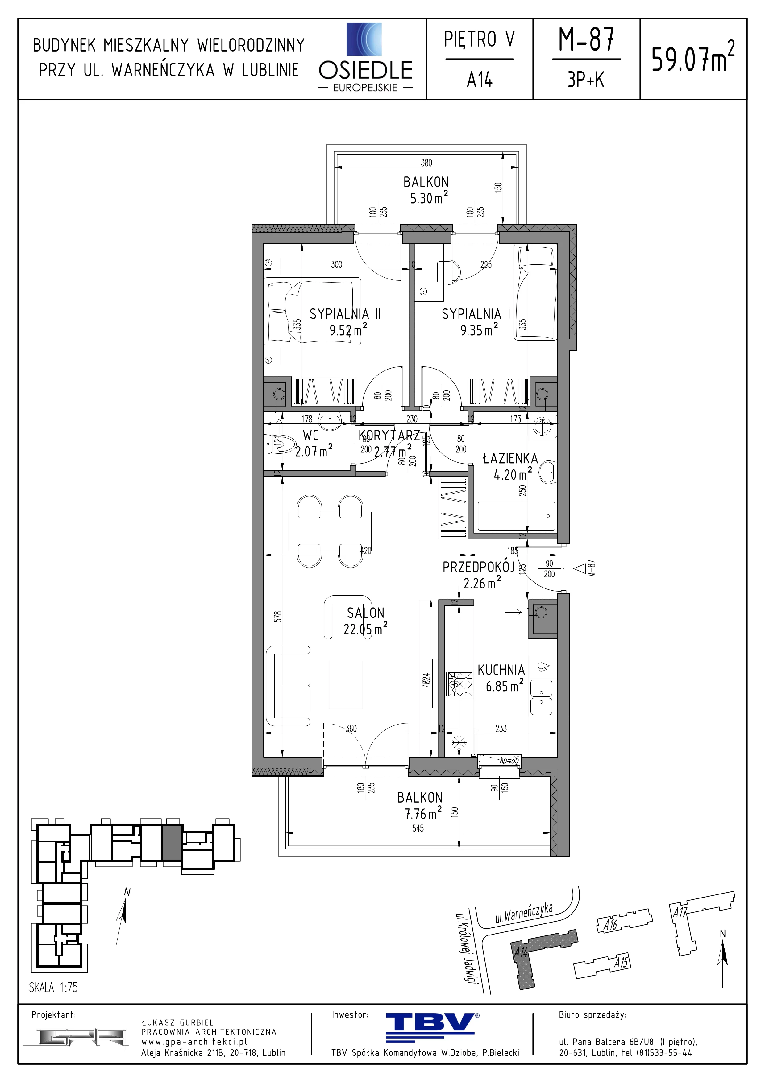 3 pokoje, mieszkanie 59,07 m², piętro 5, oferta nr A14-LM-87, Osiedle Europejskie - Etap Kopenhaga, Lublin, Felin, ul. Zygmunta Starego