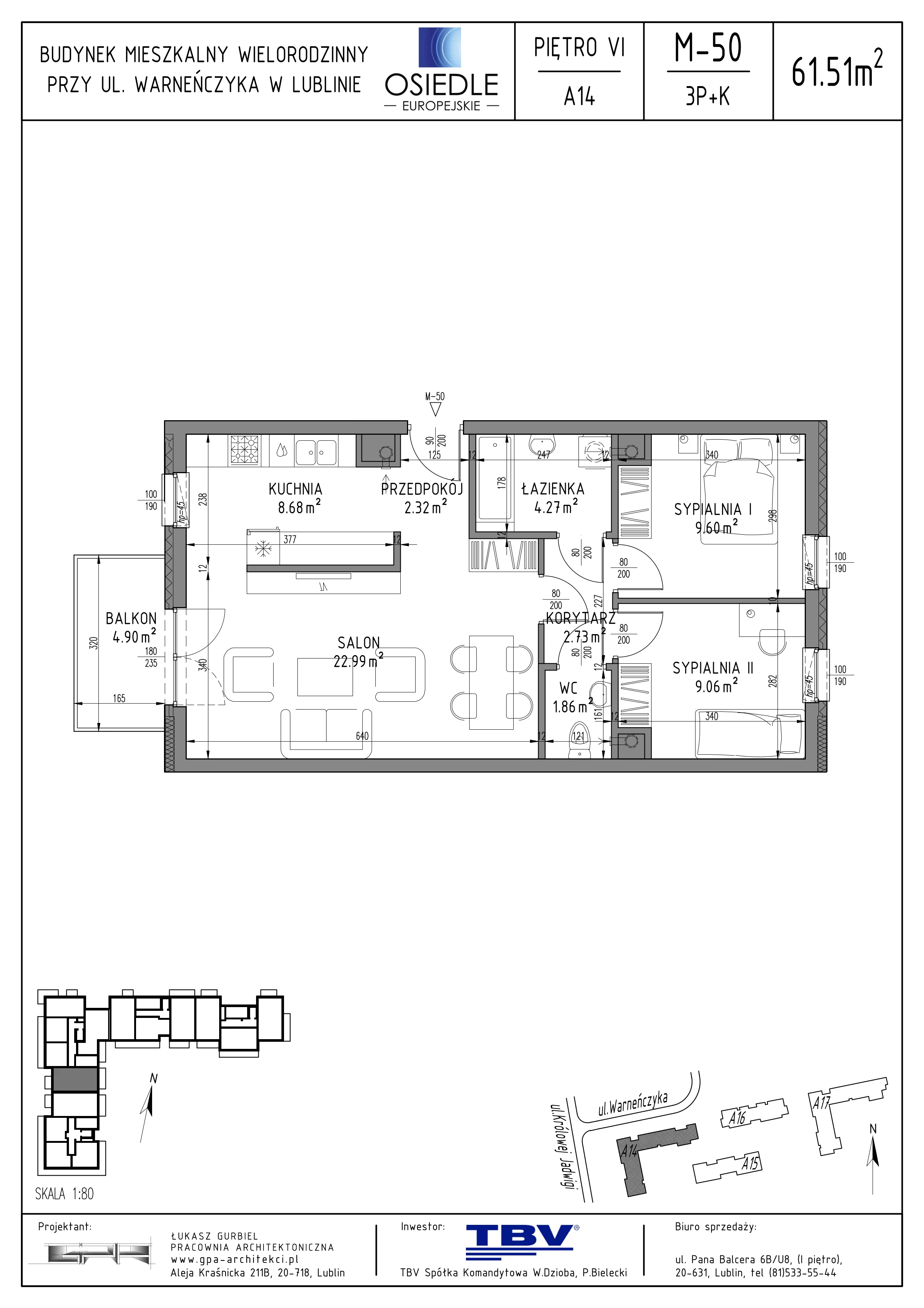 3 pokoje, mieszkanie 61,51 m², piętro 6, oferta nr A14-LM-50, Osiedle Europejskie - Etap Kopenhaga, Lublin, Felin, ul. Zygmunta Starego
