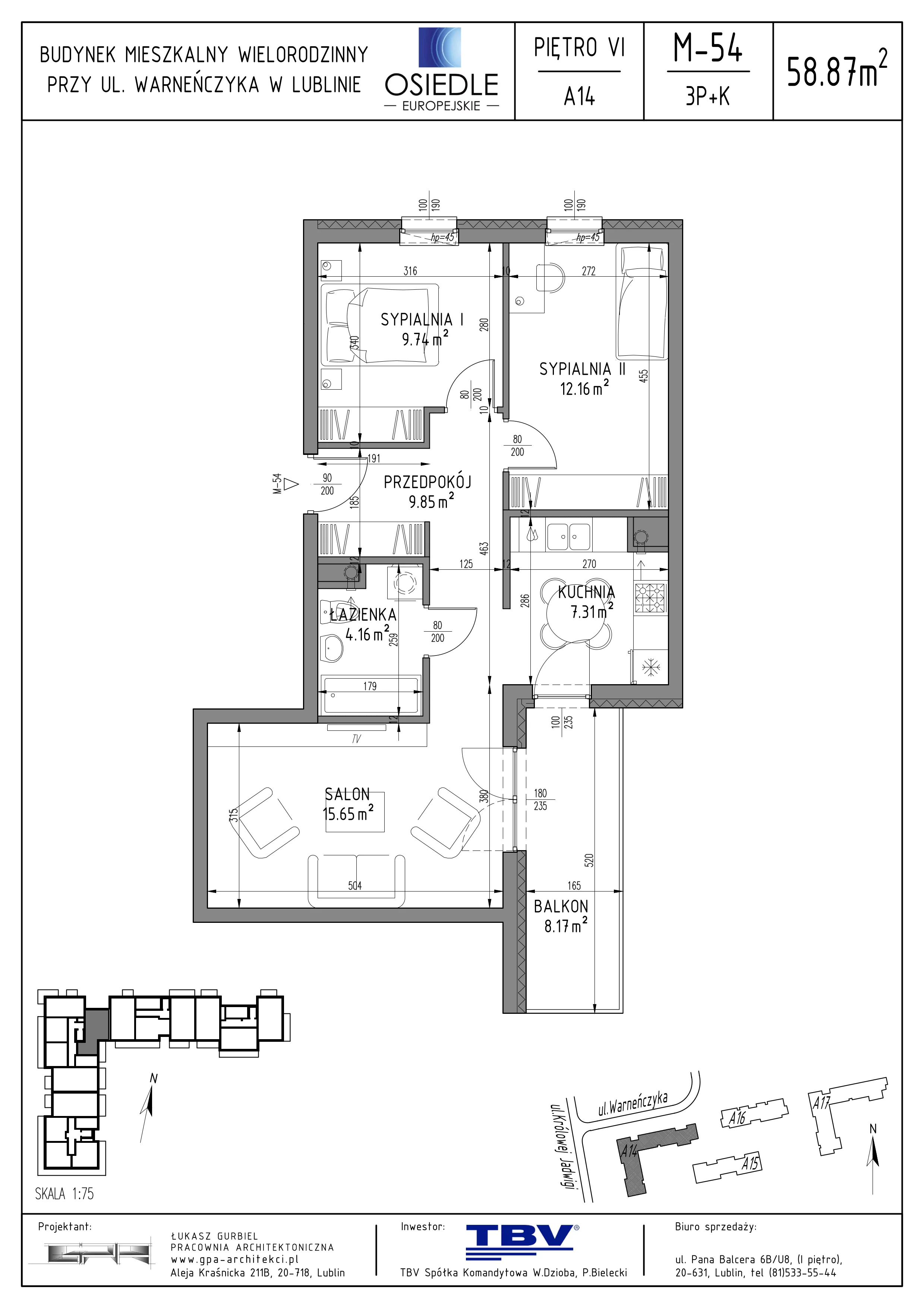 3 pokoje, mieszkanie 58,87 m², piętro 6, oferta nr A14-LM-54, Osiedle Europejskie - Etap Kopenhaga, Lublin, Felin, ul. Zygmunta Starego