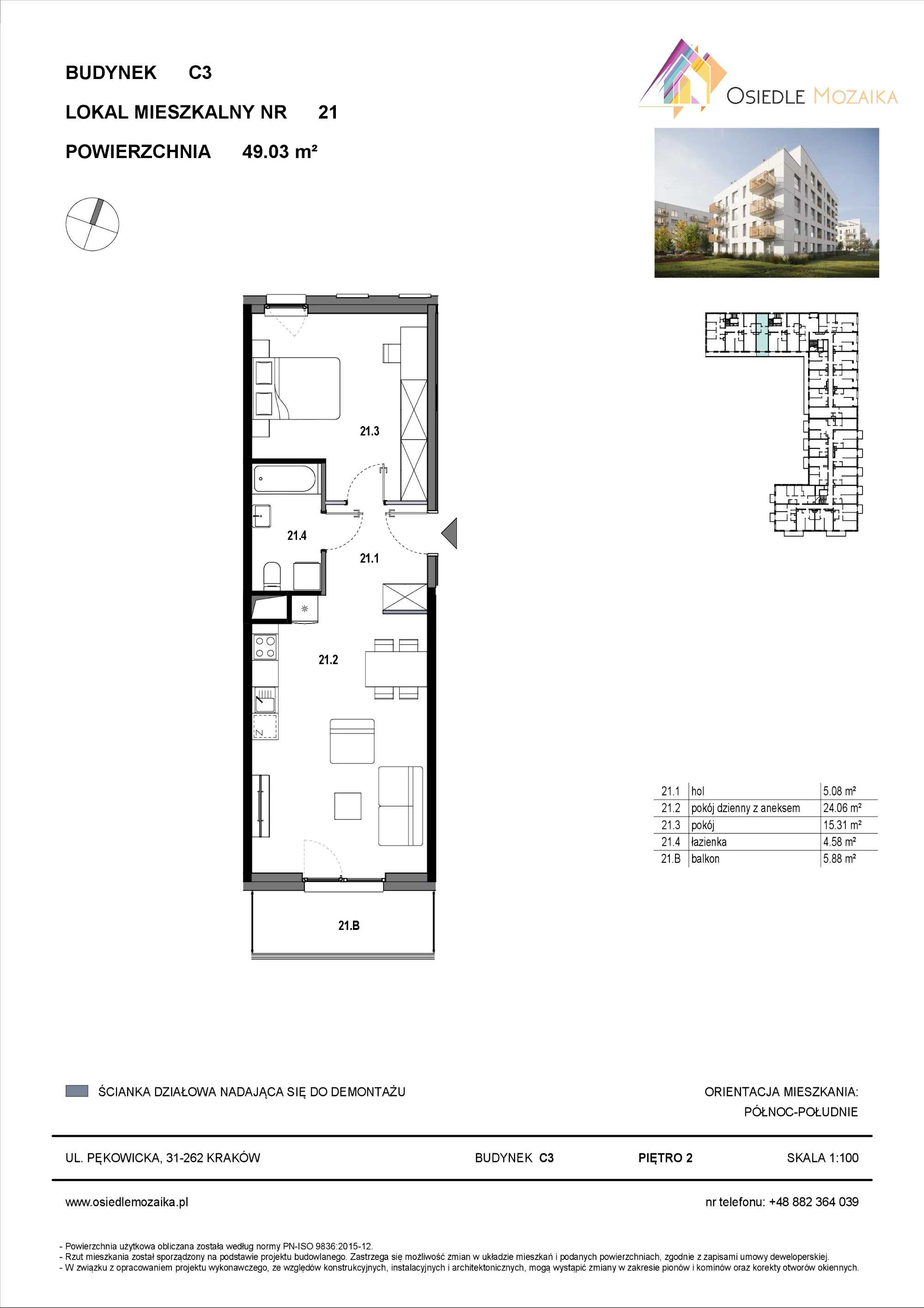 2 pokoje, mieszkanie 49,03 m², piętro 2, oferta nr C3-021, Osiedle Mozaika, Kraków, Prądnik Biały, ul. Pękowicka
