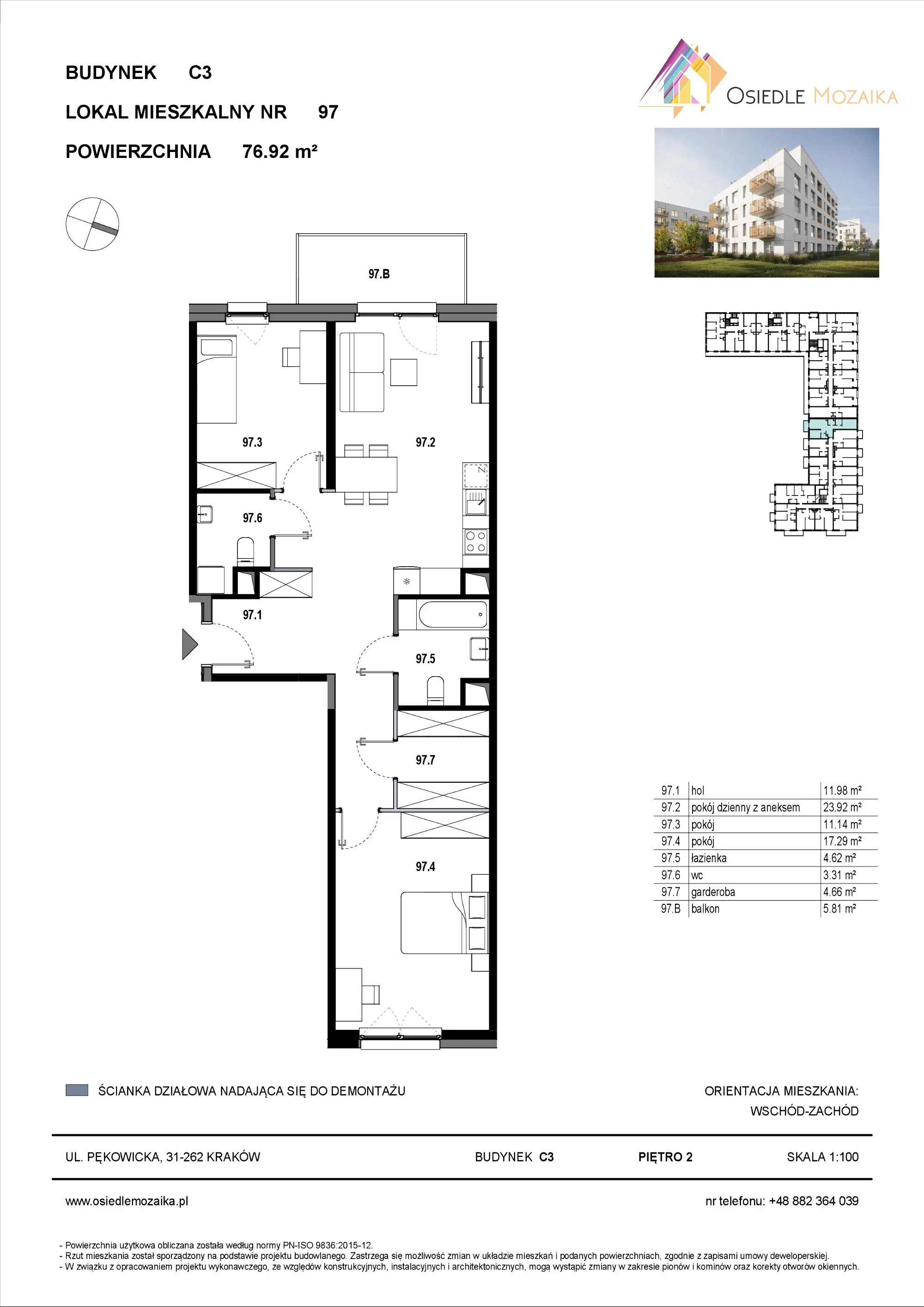 3 pokoje, mieszkanie 76,92 m², piętro 2, oferta nr C3-097, Osiedle Mozaika, Kraków, Prądnik Biały, ul. Pękowicka