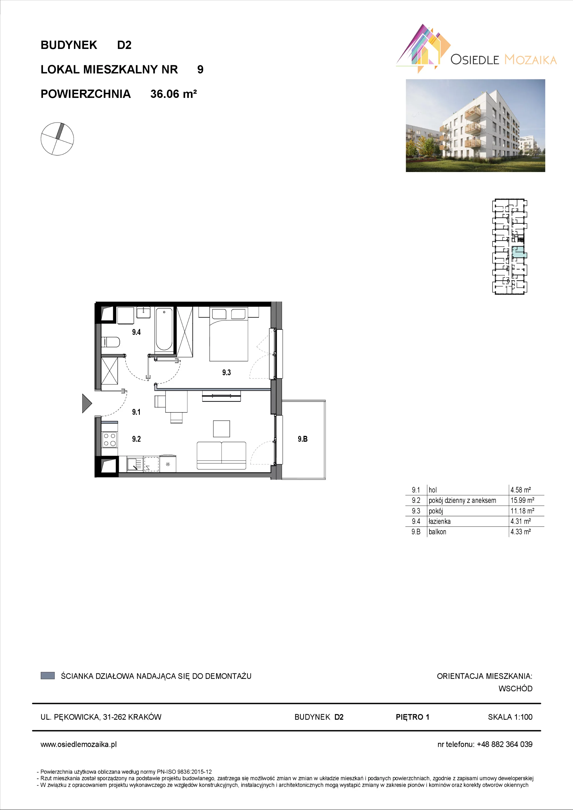 Mieszkanie 36,06 m², piętro 1, oferta nr D2-009, Osiedle Mozaika, Kraków, Prądnik Biały, ul. Pękowicka