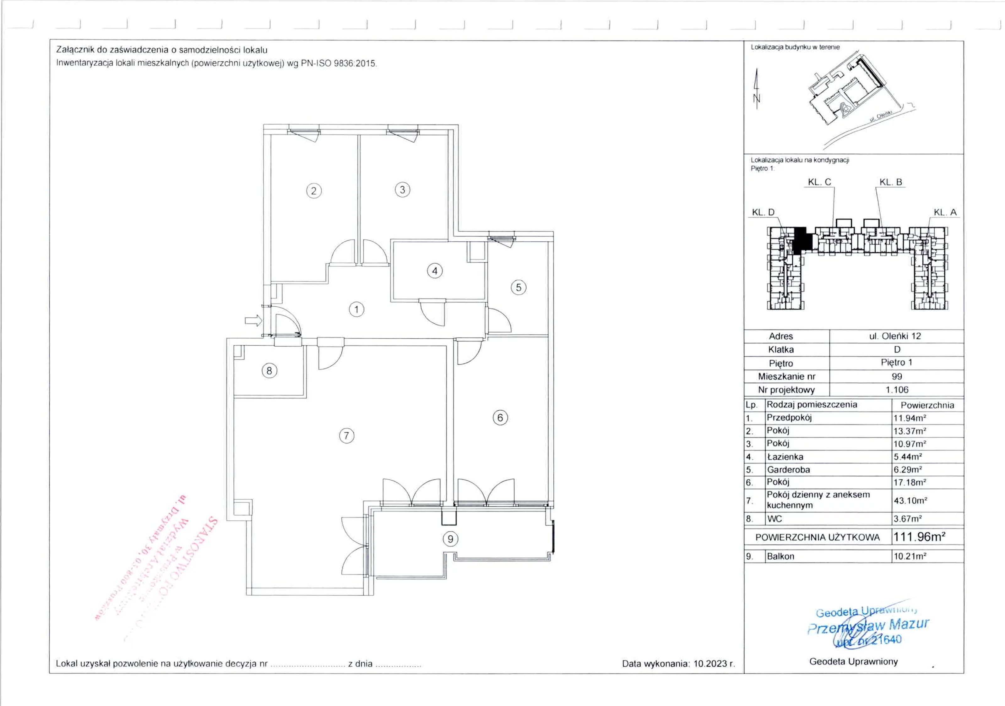 4 pokoje, mieszkanie 111,96 m², piętro 1, oferta nr 99, Osiedle Sfera, Dawidy Bankowe, ul. Oleńki