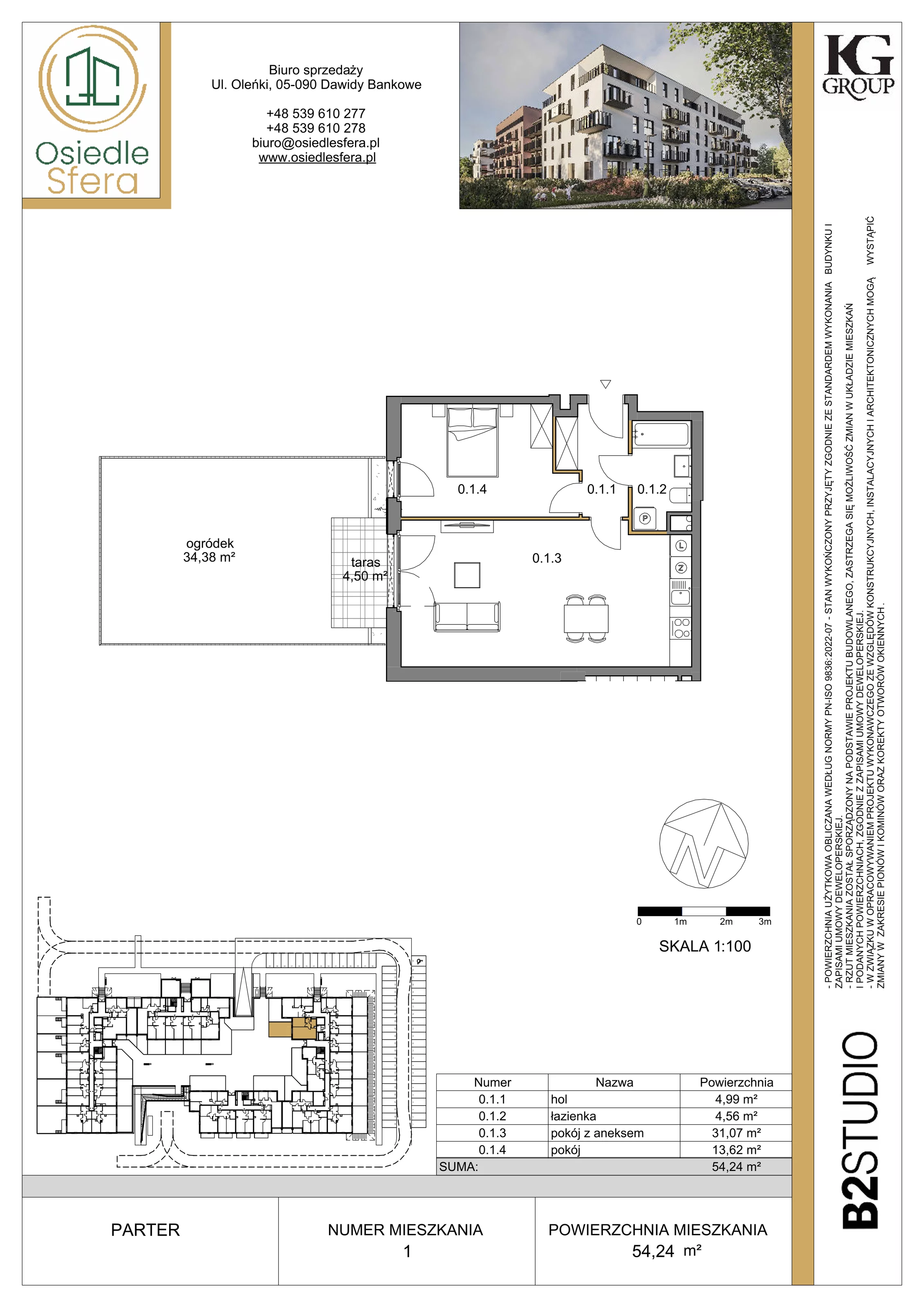 2 pokoje, mieszkanie 54,24 m², parter, oferta nr 1, Osiedle Sfera - Etap II, Dawidy Bankowe, ul. Oleńki 14