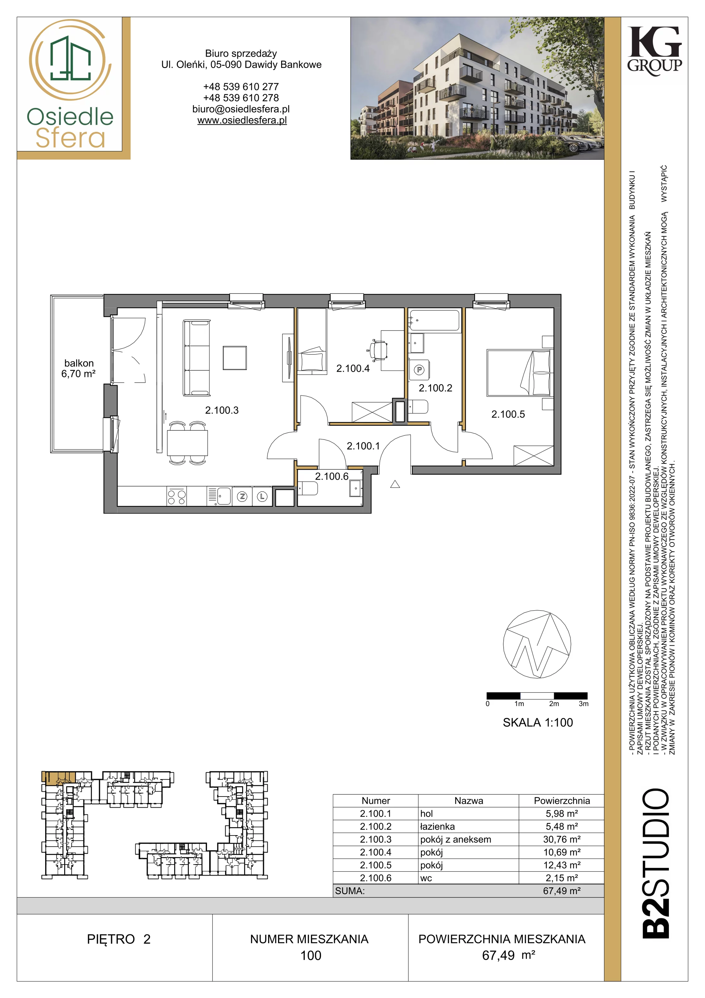 3 pokoje, mieszkanie 67,49 m², piętro 2, oferta nr 100, Osiedle Sfera - Etap II, Dawidy Bankowe, ul. Oleńki 14