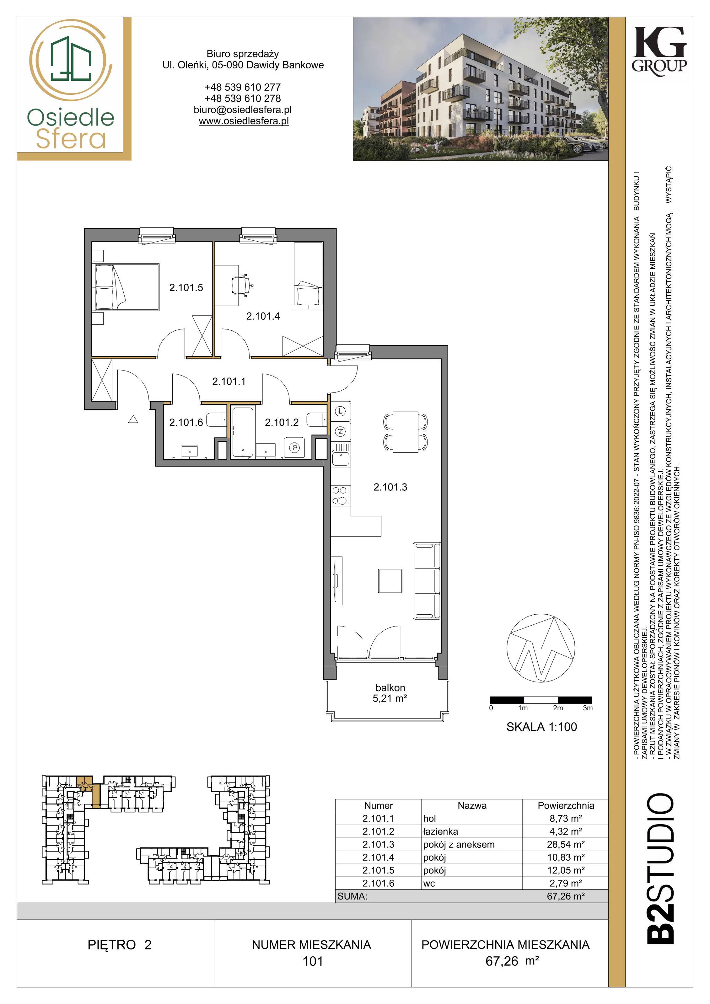 3 pokoje, mieszkanie 67,26 m², piętro 2, oferta nr 101, Osiedle Sfera - Etap II, Dawidy Bankowe, ul. Oleńki 14